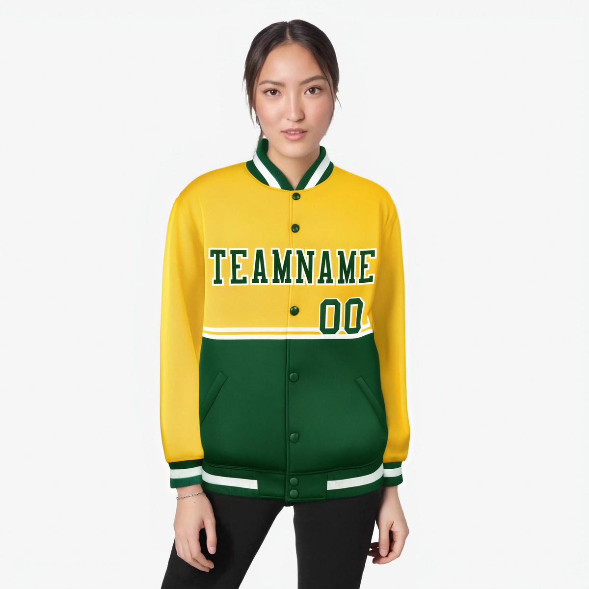 Custom Gold-Green-Gold Varsity Full-Snap Letterman Color-Matching Split Fashion Jacket