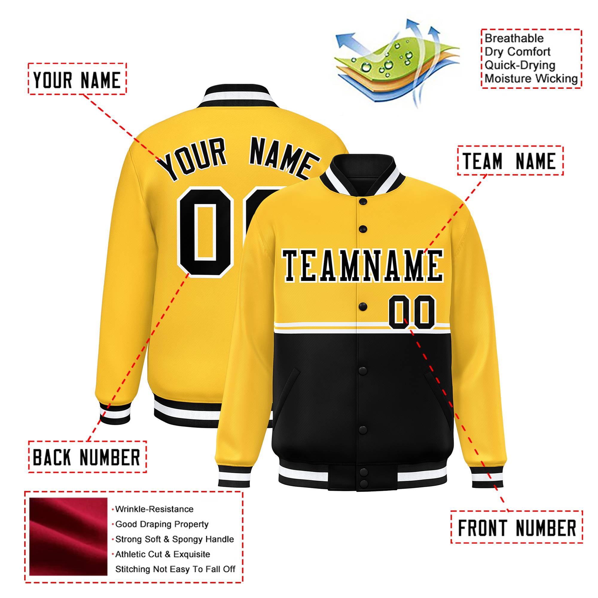 Custom Gold-Black-Gold Varsity Full-Snap Letterman Color-Matching Split Fashion Jacket