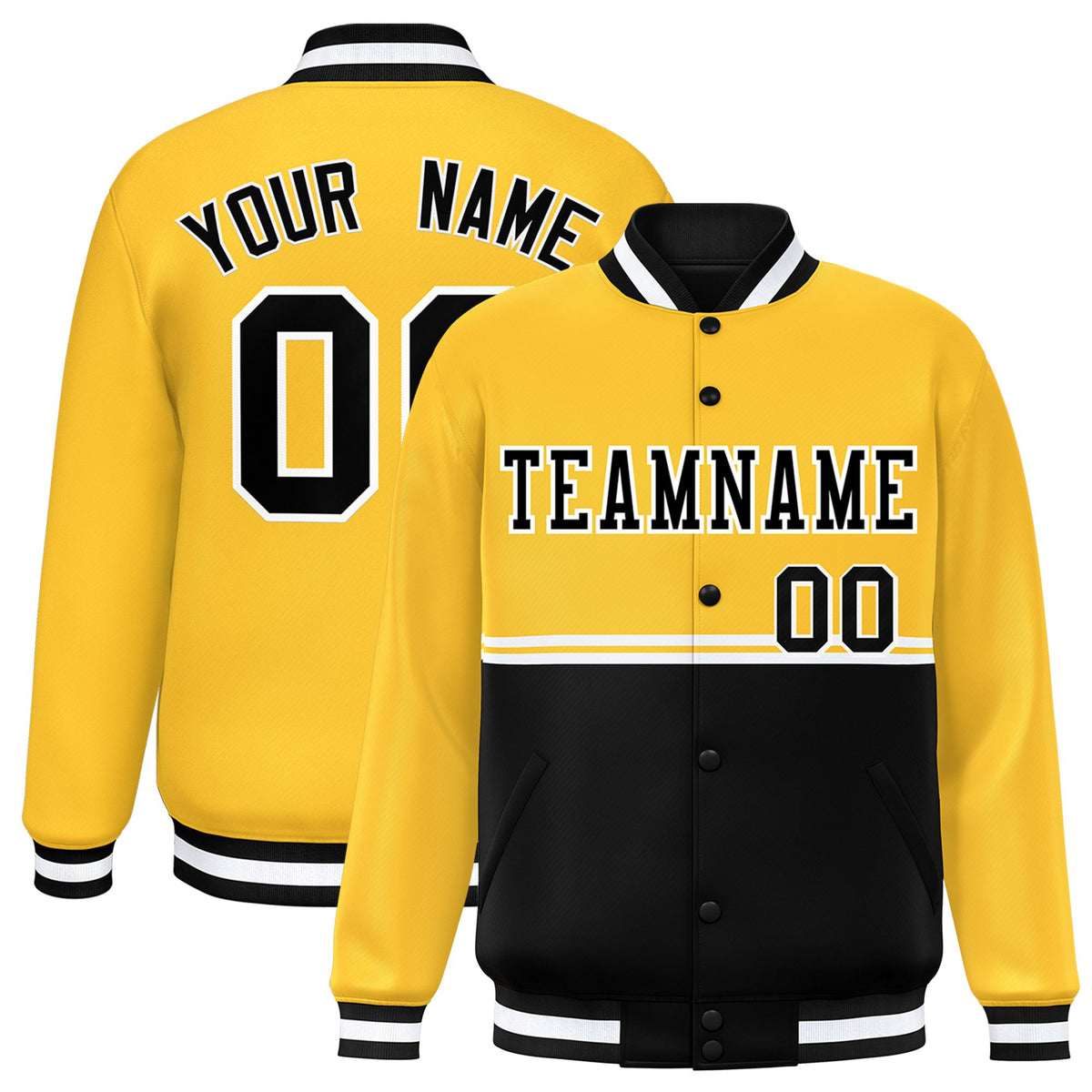 Custom Gold-Black-Gold Varsity Full-Snap Letterman Color-Matching Split Fashion Jacket