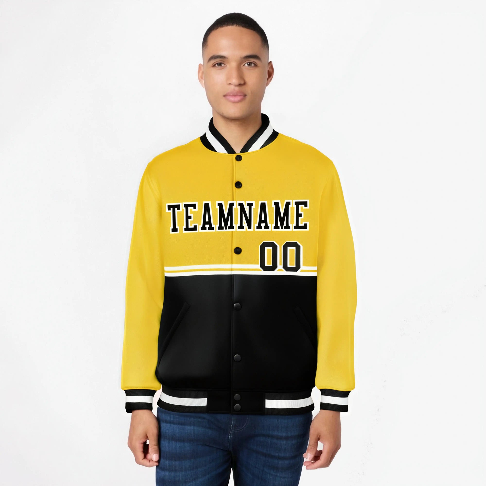 Custom Gold-Black-Gold Varsity Full-Snap Letterman Color-Matching Split Fashion Jacket