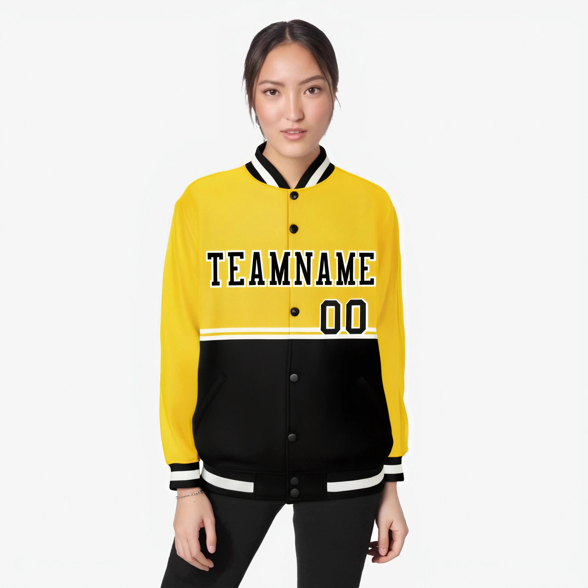 Custom Gold-Black-Gold Varsity Full-Snap Letterman Color-Matching Split Fashion Jacket