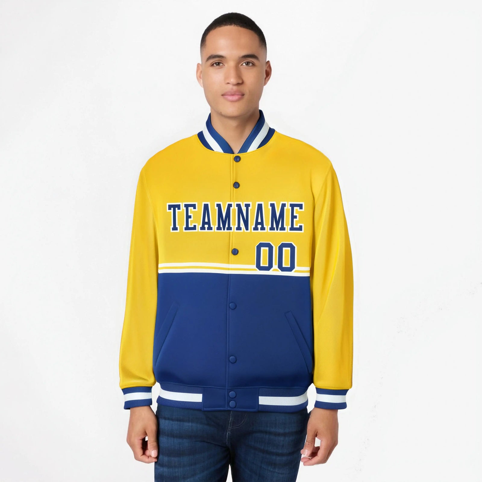 Custom Gold-Royal Blue-Gold Varsity Full-Snap Letterman Color-Matching Split Fashion Jacket