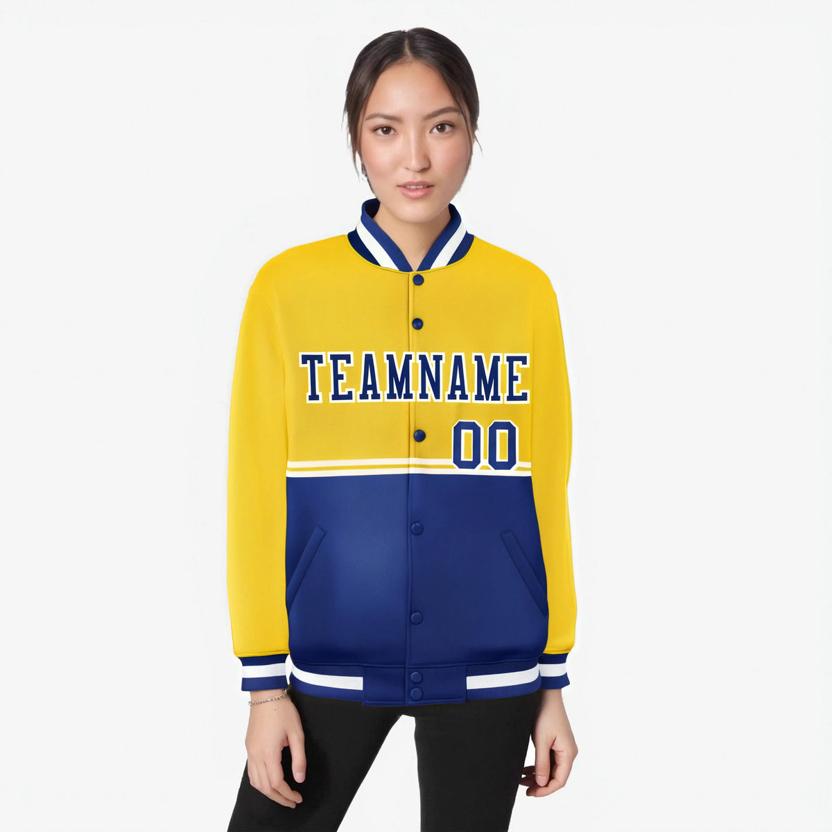 Custom Gold-Royal Blue-Gold Varsity Full-Snap Letterman Color-Matching Split Fashion Jacket