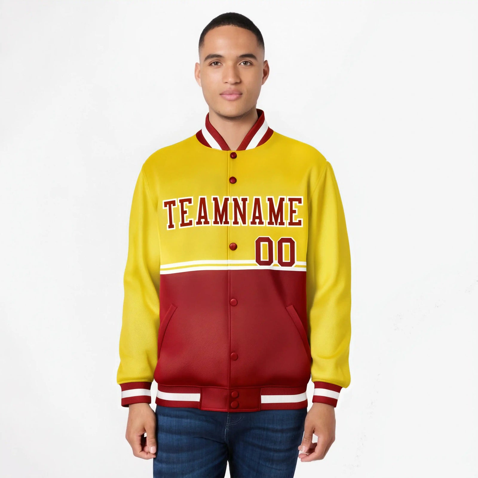 Custom Gold-Red-Gold Varsity Full-Snap Letterman Color-Matching Split Fashion Jacket