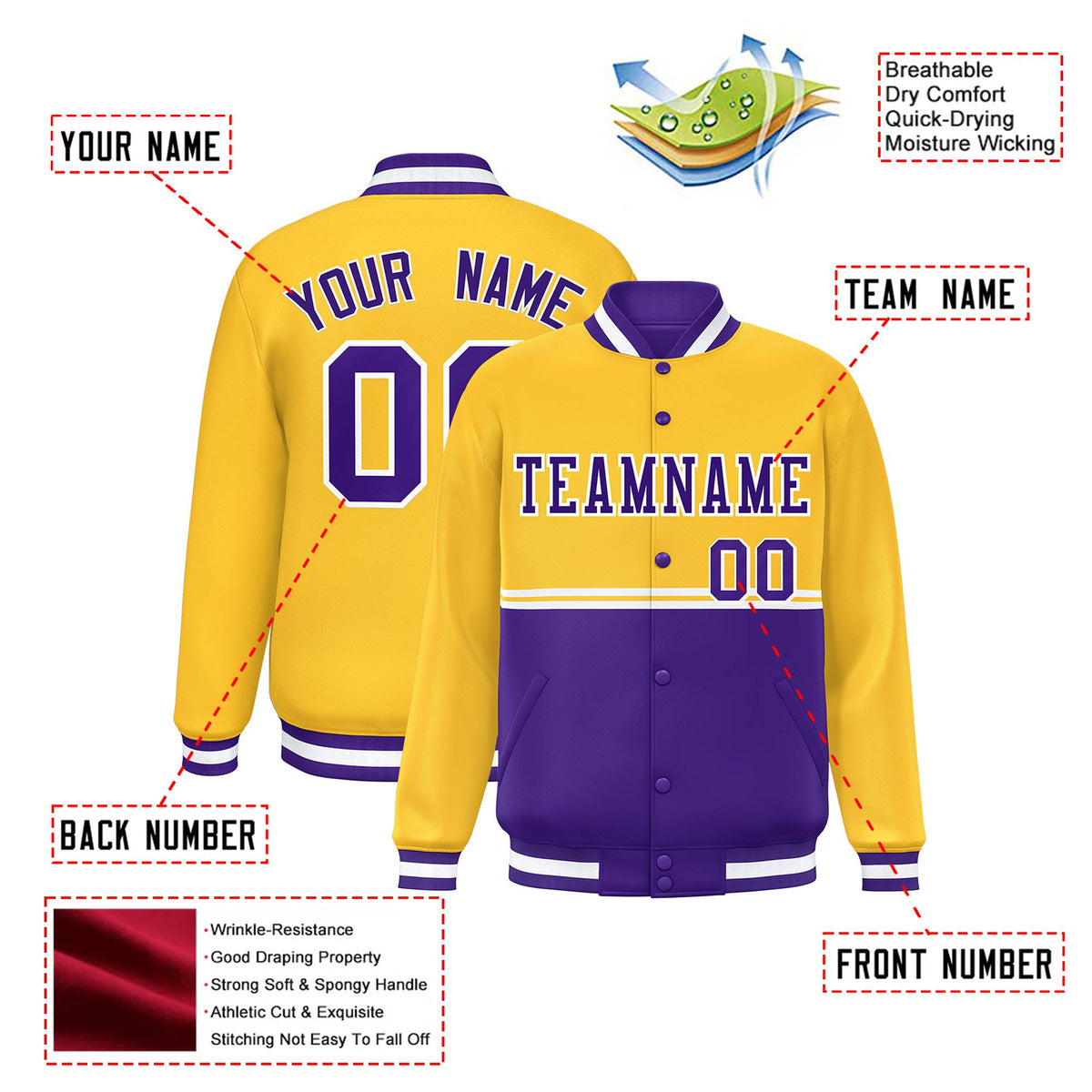 Custom Gold-Purple-Gold Varsity Full-Snap Letterman Color-Matching Split Fashion Jacket