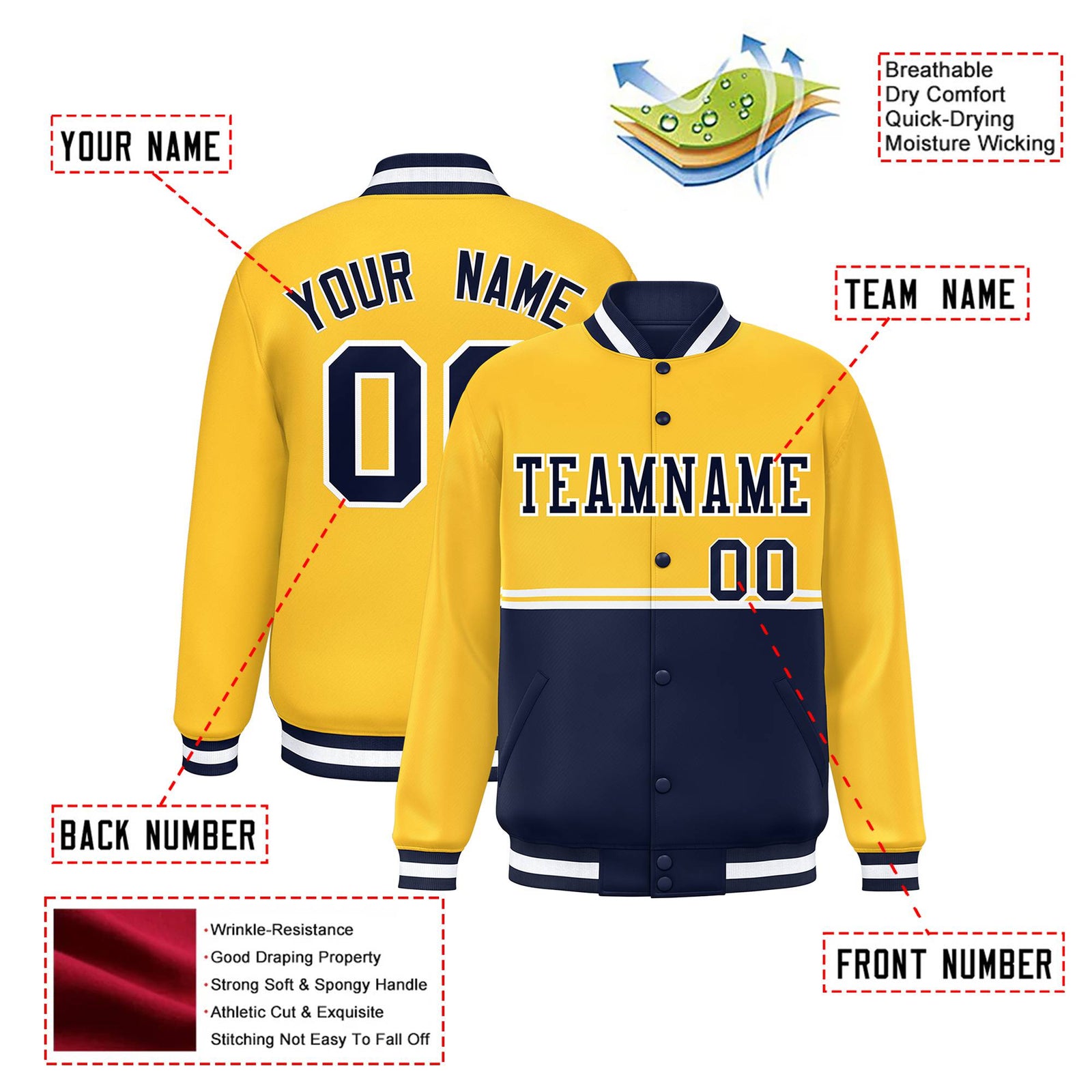 Custom Gold-Navy-Gold Varsity Full-Snap Letterman Color-Matching Split Fashion Jacket