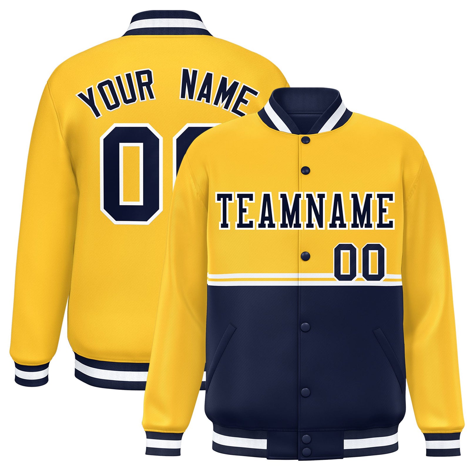Custom Gold-Navy-Gold Varsity Full-Snap Letterman Color-Matching Split Fashion Jacket
