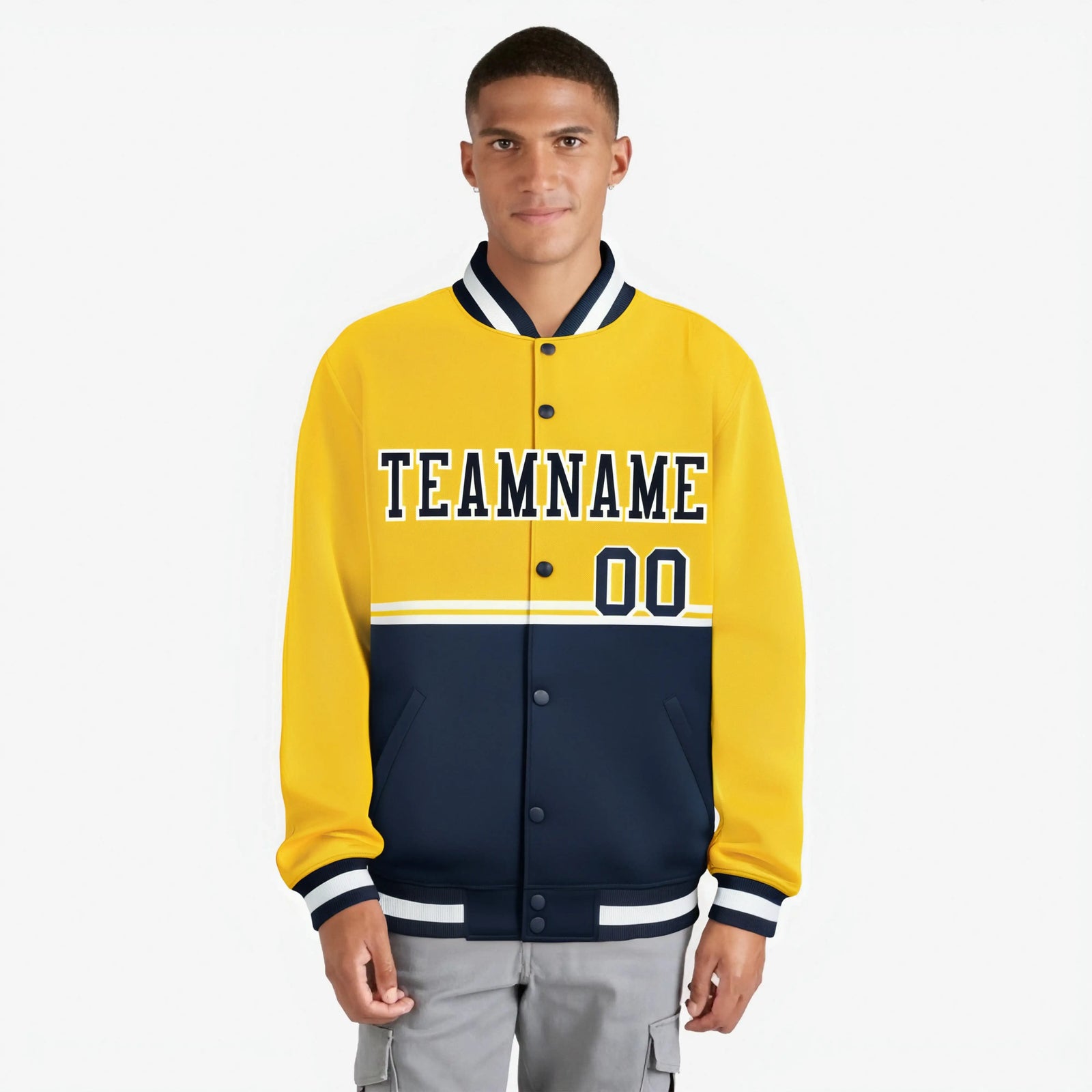 Custom Gold-Navy-Gold Varsity Full-Snap Letterman Color-Matching Split Fashion Jacket