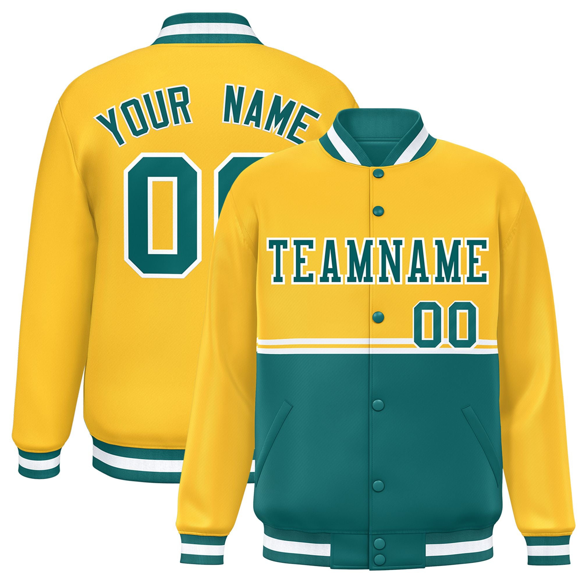 Custom Gold-Aqua-Gold Varsity Full-Snap Letterman Color-Matching Split Fashion Jacket