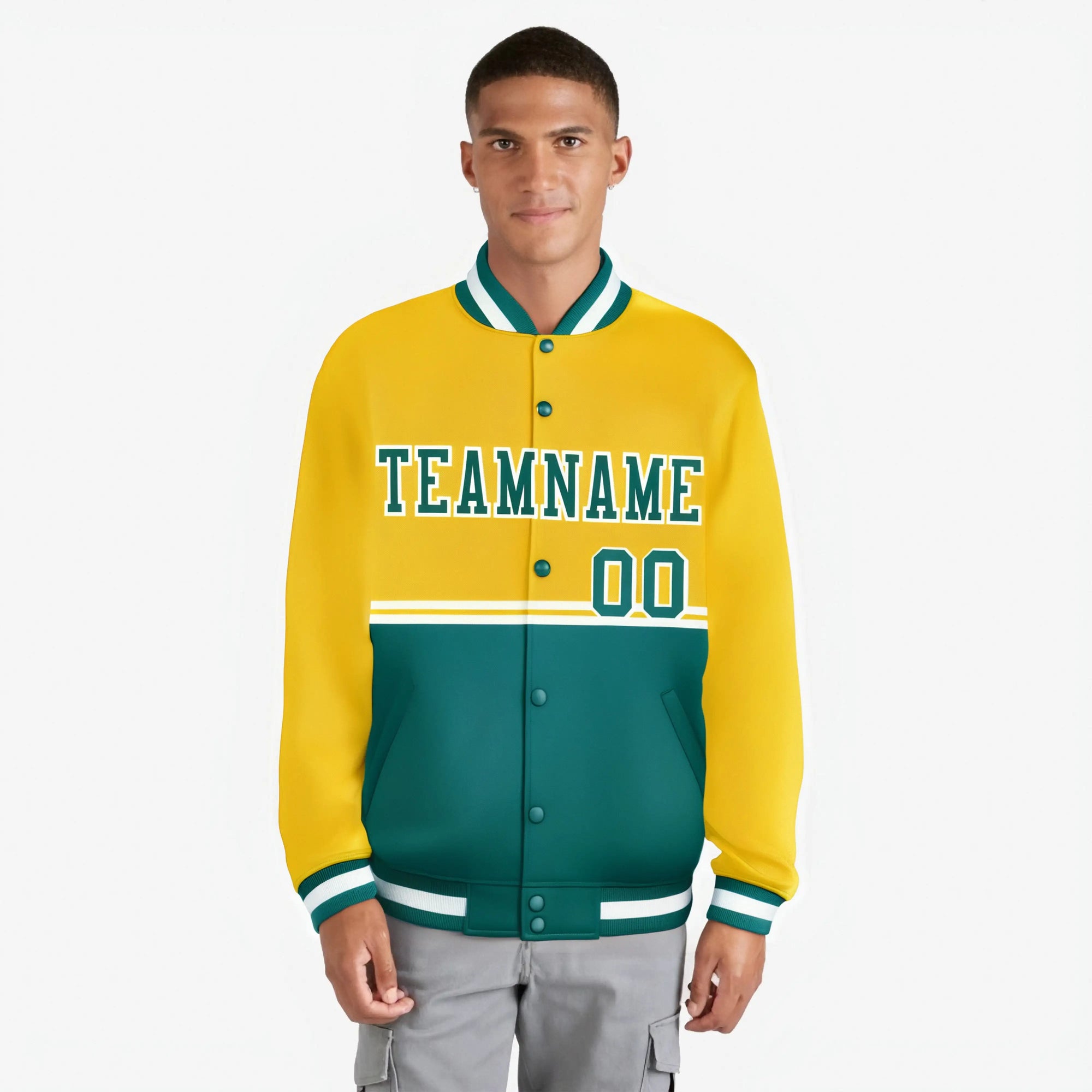 Custom Gold-Aqua-Gold Varsity Full-Snap Letterman Color-Matching Split Fashion Jacket