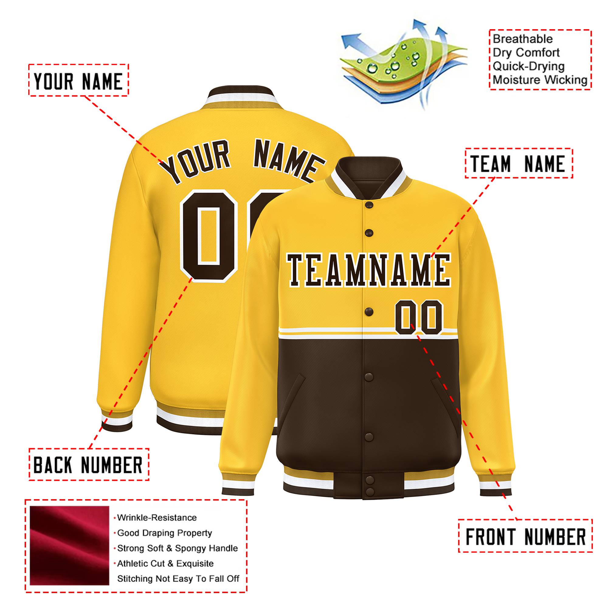 Custom Gold-Brown-Gold Varsity Full-Snap Letterman Color-Matching Split Fashion Jacket