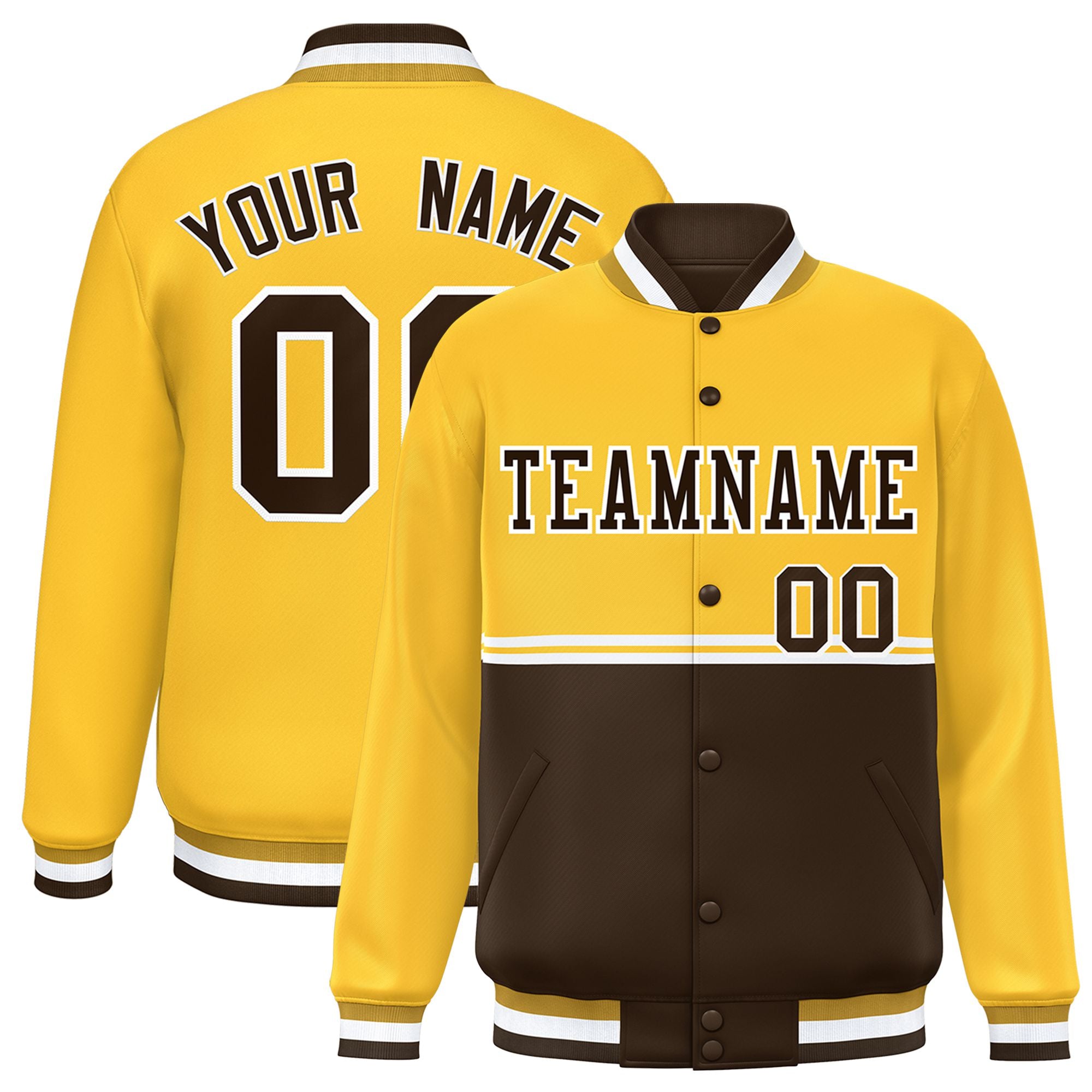 Custom Gold-Brown-Gold Varsity Full-Snap Letterman Color-Matching Split Fashion Jacket