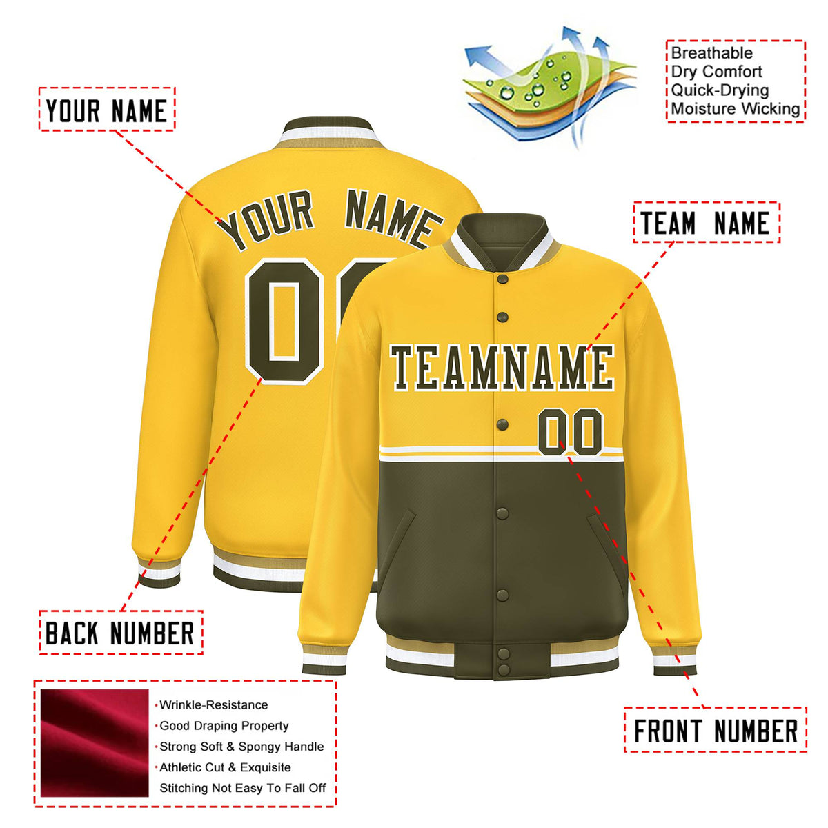 Custom Gold-Olive-Gold Varsity Full-Snap Letterman Color-Matching Split Fashion Jacket