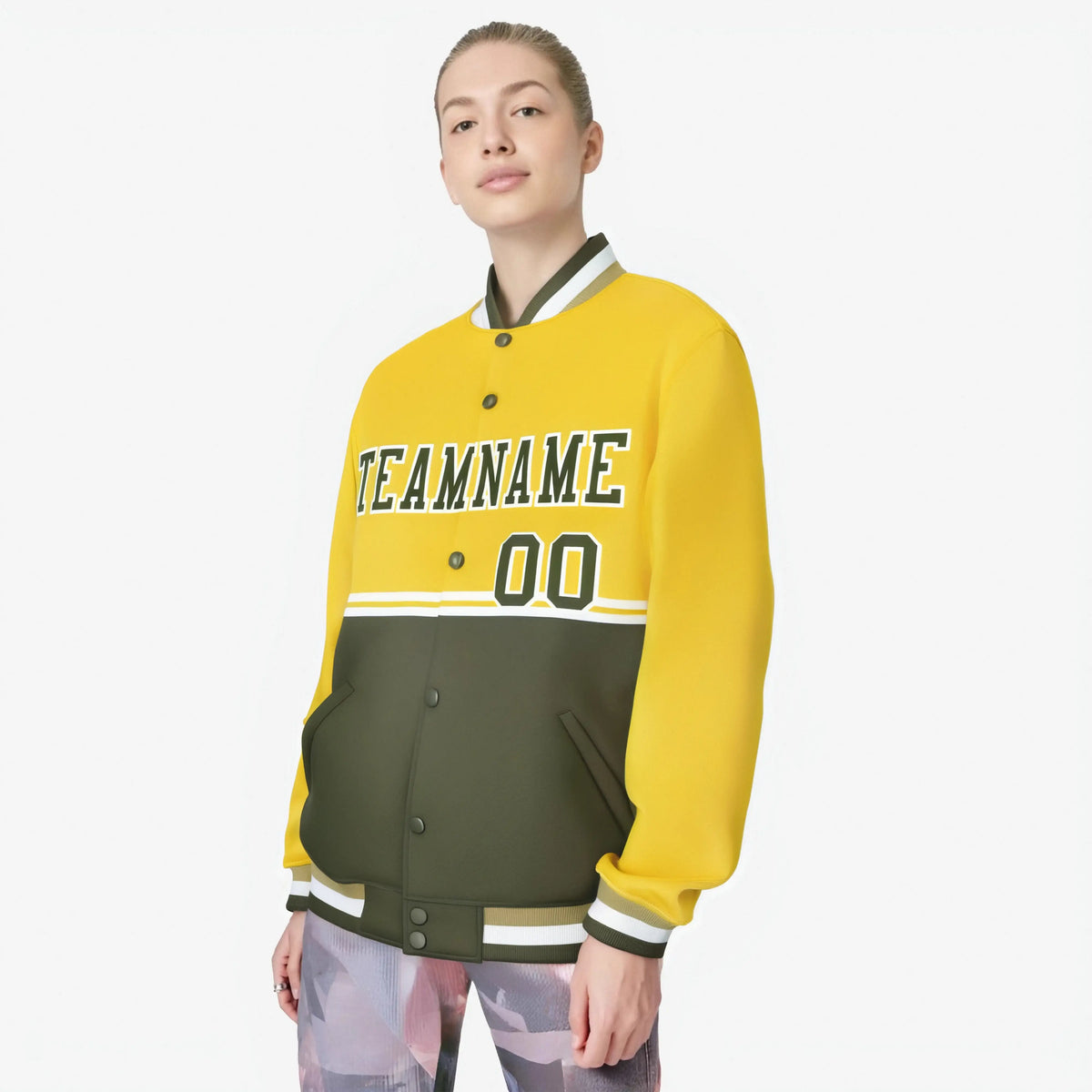 Custom Gold-Olive-Gold Varsity Full-Snap Letterman Color-Matching Split Fashion Jacket