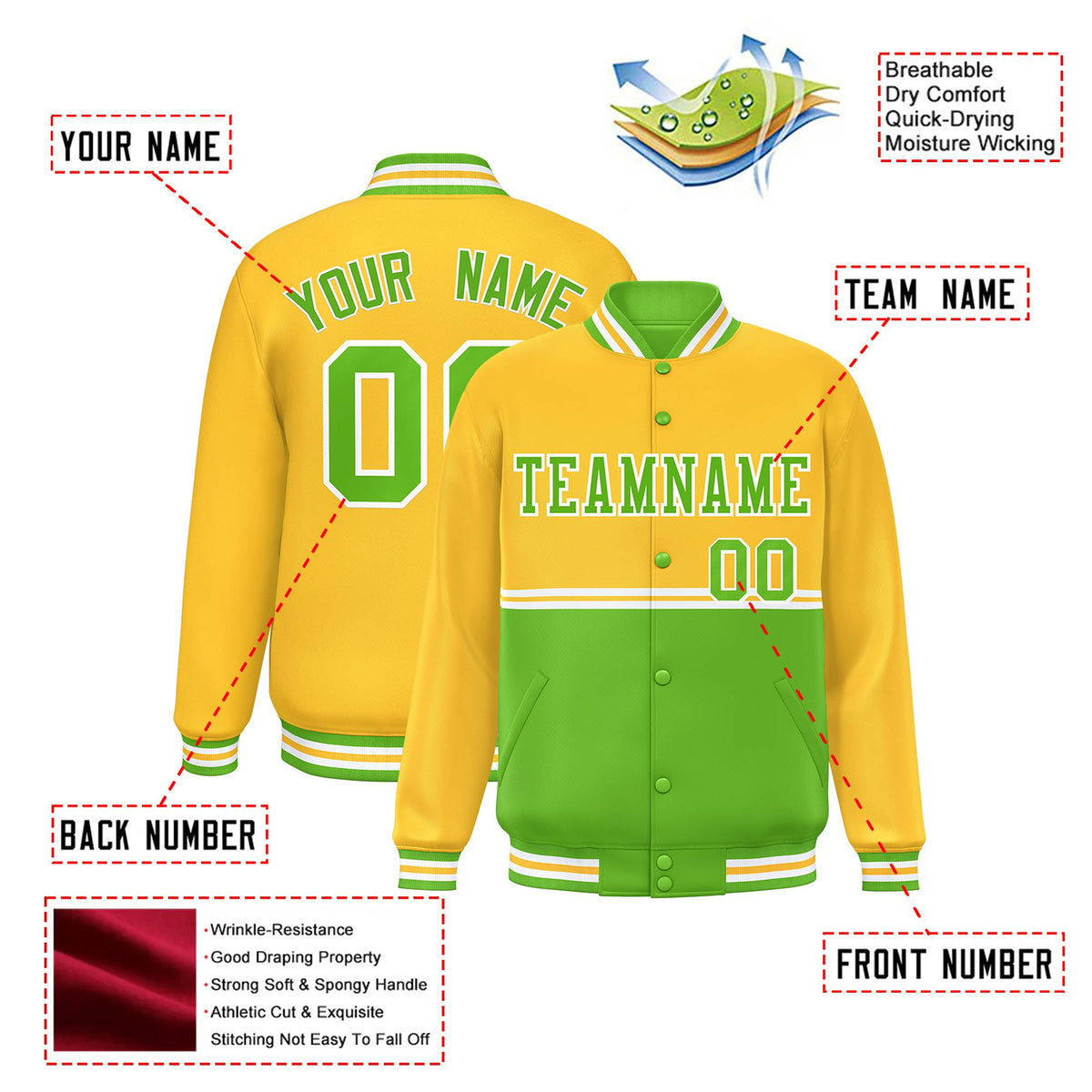 Custom Gold-Neon Green-Gold Varsity Full-Snap Letterman Color-Matching Split Fashion Jacket