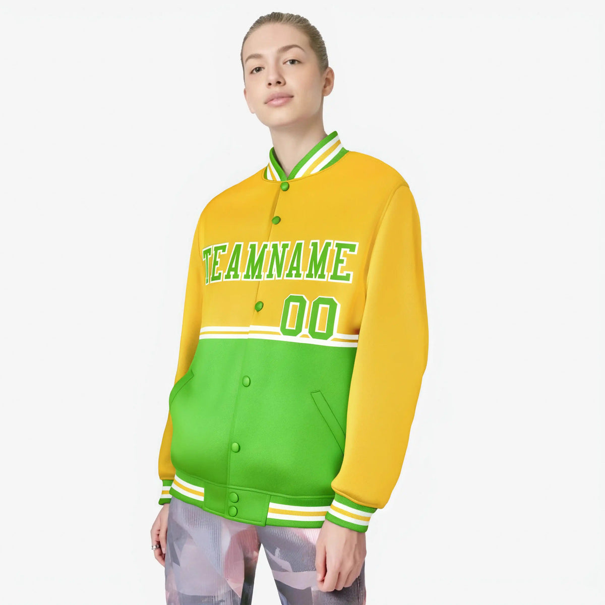 Custom Gold-Neon Green-Gold Varsity Full-Snap Letterman Color-Matching Split Fashion Jacket