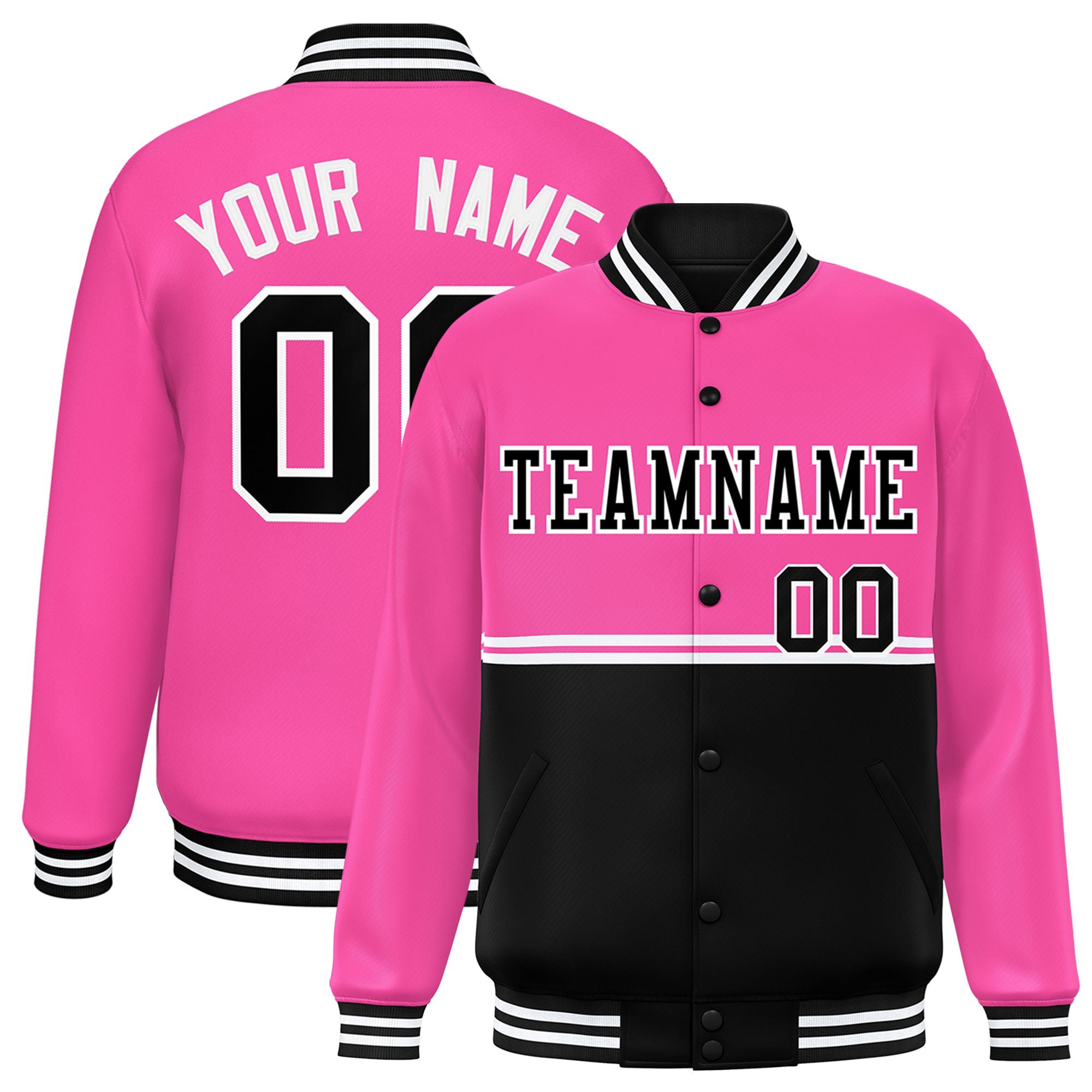 Custom Pink-Black-Pink Varsity Full-Snap Letterman Color-Matching Split Fashion Jacket