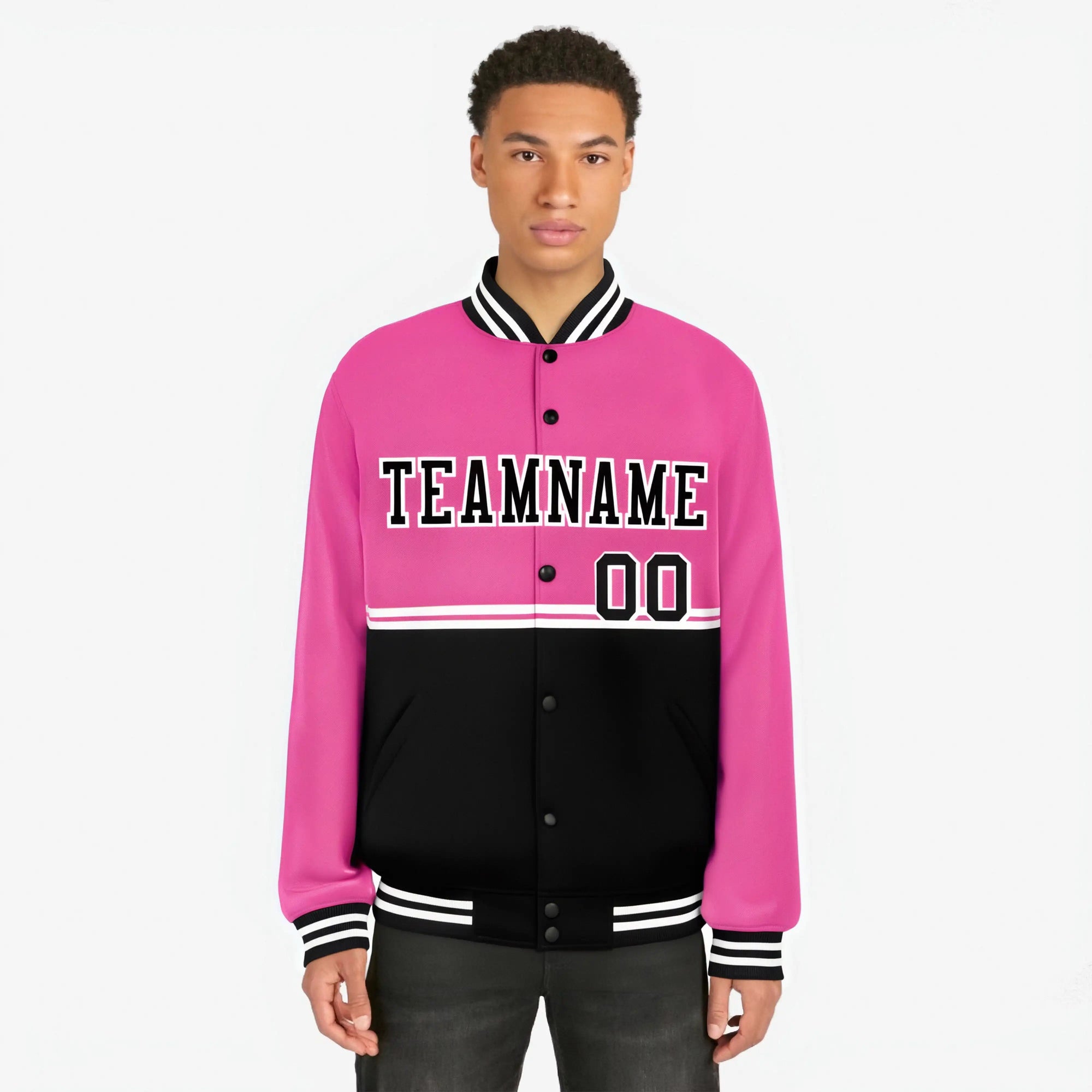 Custom Pink-Black-Pink Varsity Full-Snap Letterman Color-Matching Split Fashion Jacket