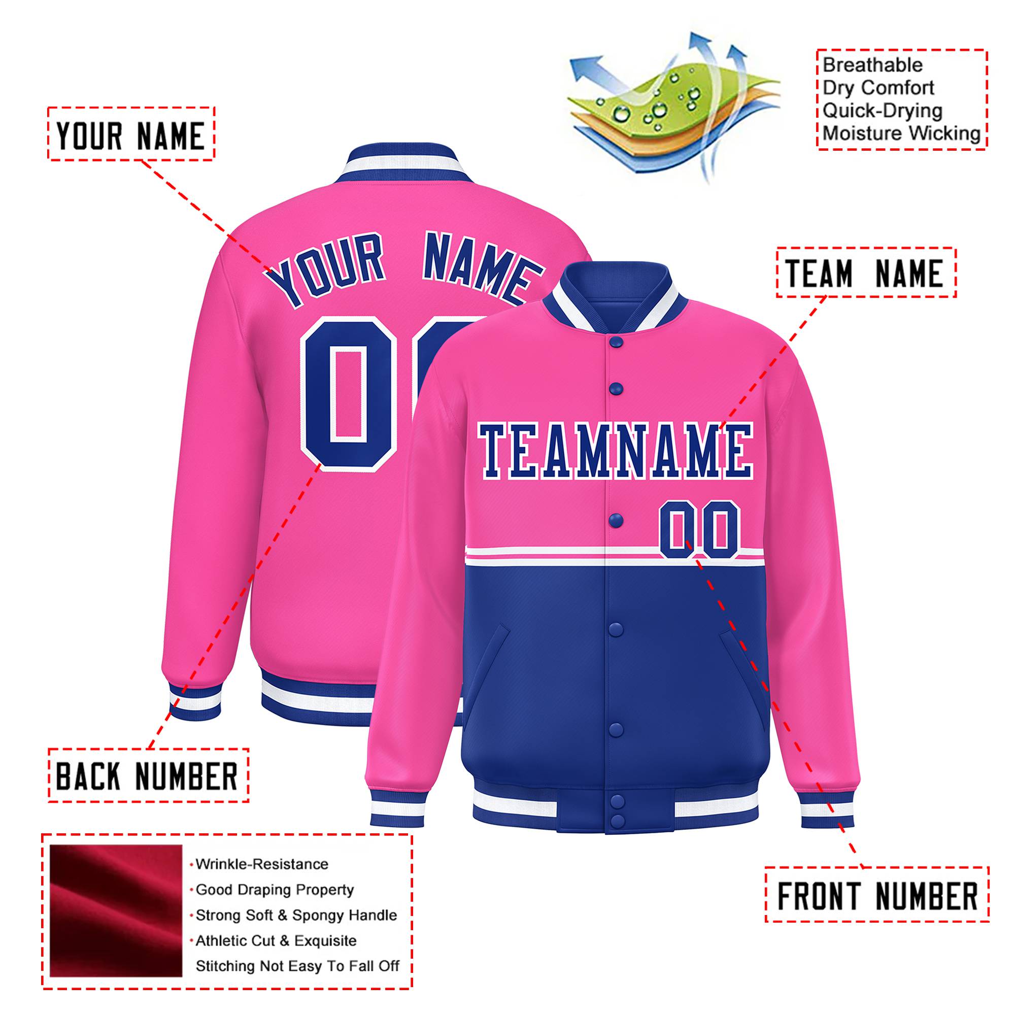 Custom Pink-Royal Blue-Pink Varsity Full-Snap Letterman Color-Matching Split Fashion Jacket