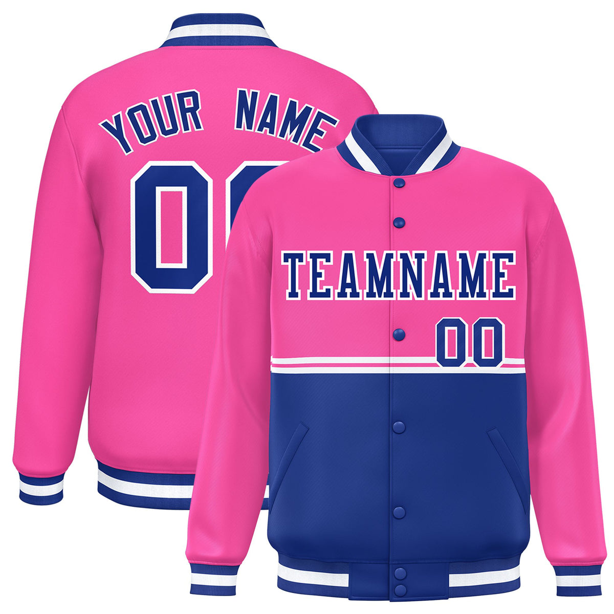 Custom Pink-Royal Blue-Pink Varsity Full-Snap Letterman Color-Matching Split Fashion Jacket
