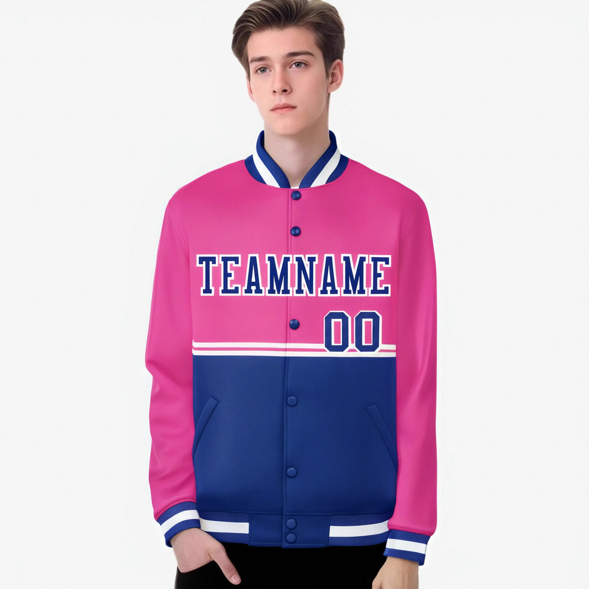 Custom Pink-Royal Blue-Pink Varsity Full-Snap Letterman Color-Matching Split Fashion Jacket