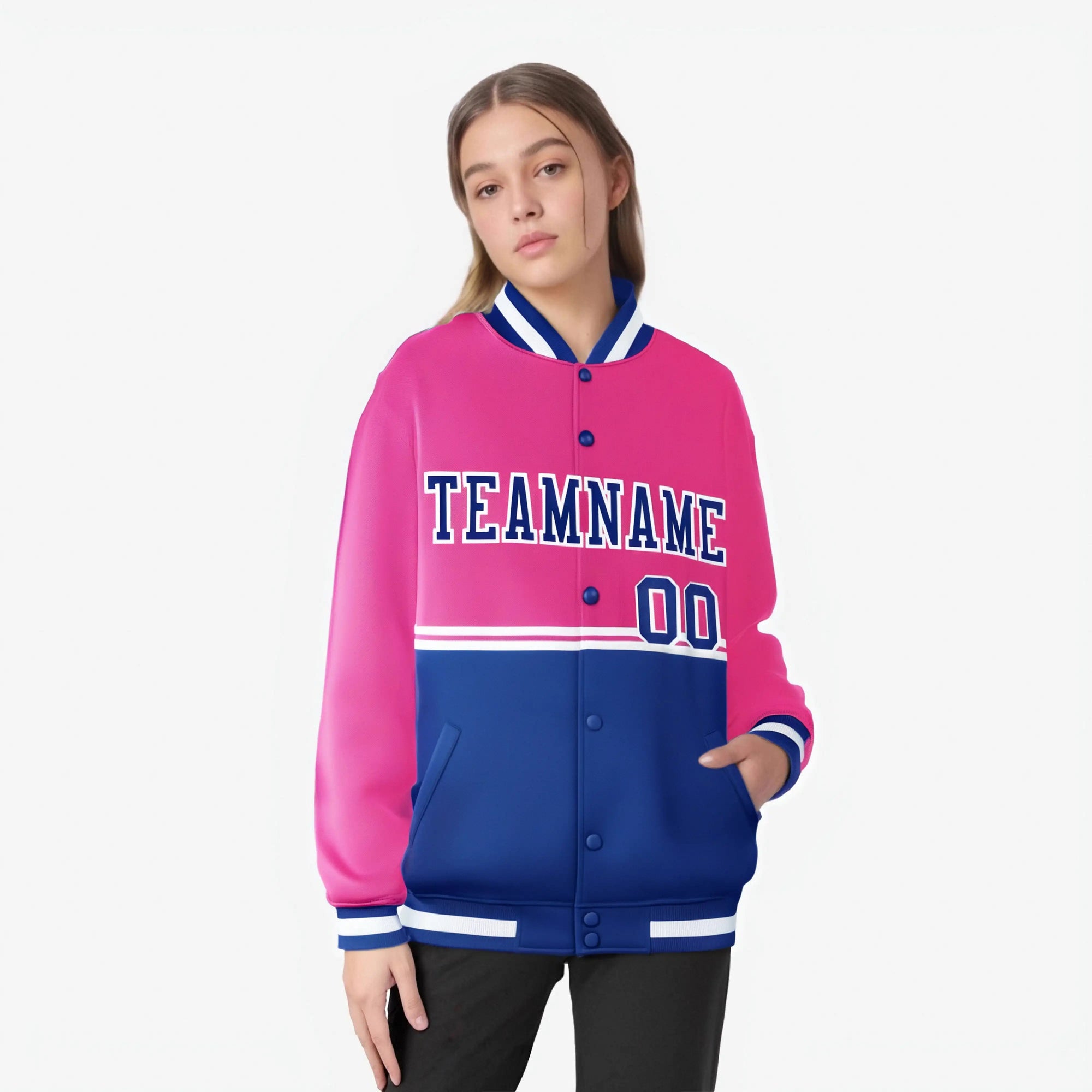 Custom Pink-Royal Blue-Pink Varsity Full-Snap Letterman Color-Matching Split Fashion Jacket