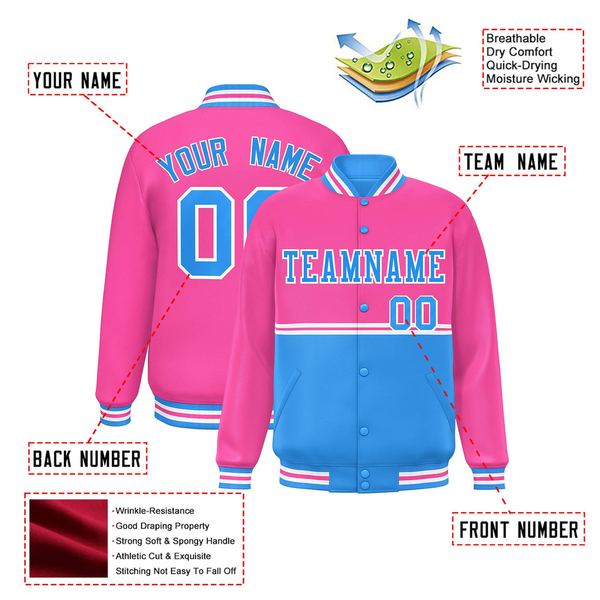 Custom Pink-Powder Blue-Pink Varsity Full-Snap Letterman Color-Matching Split Fashion Jacket