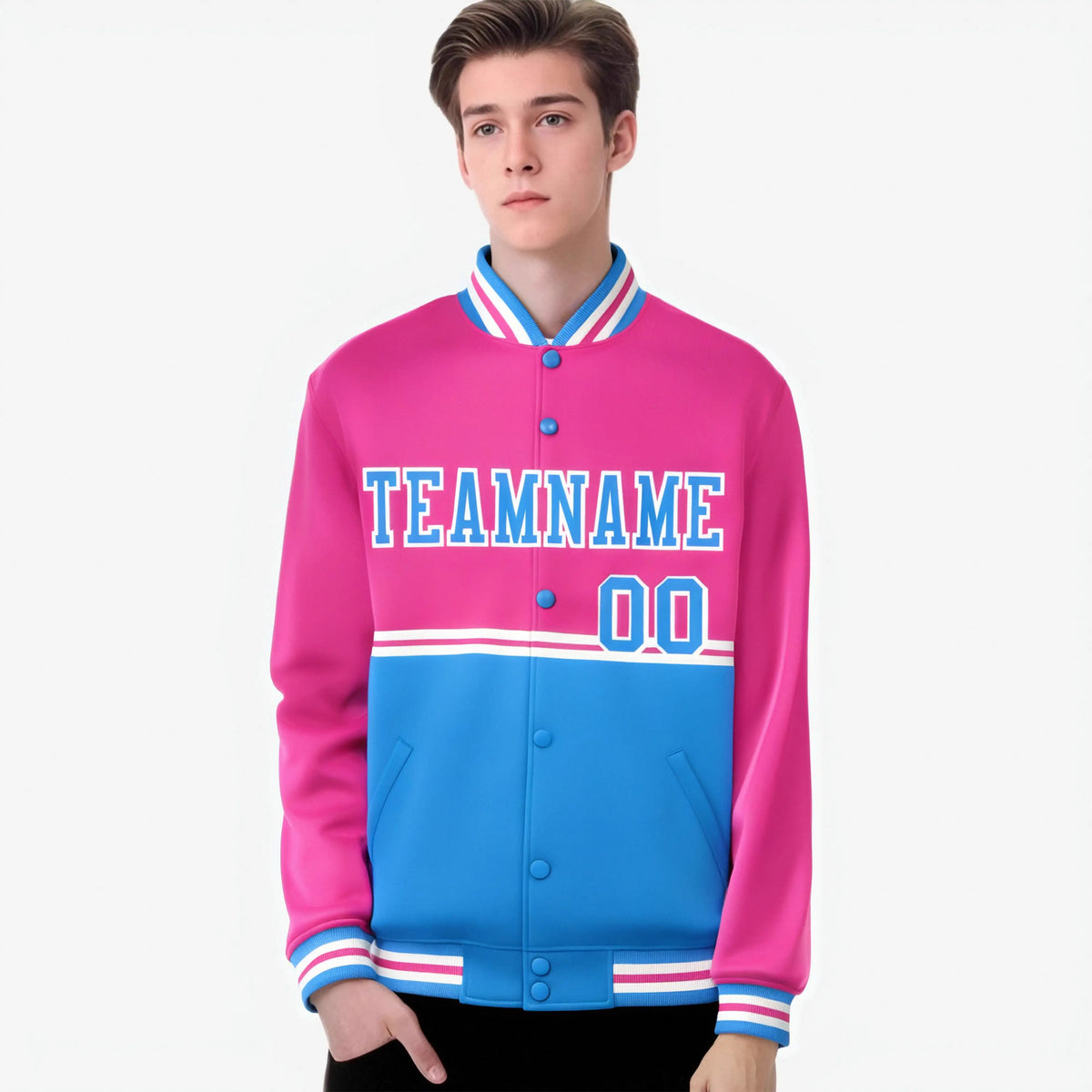 Custom Pink-Powder Blue-Pink Varsity Full-Snap Letterman Color-Matching Split Fashion Jacket