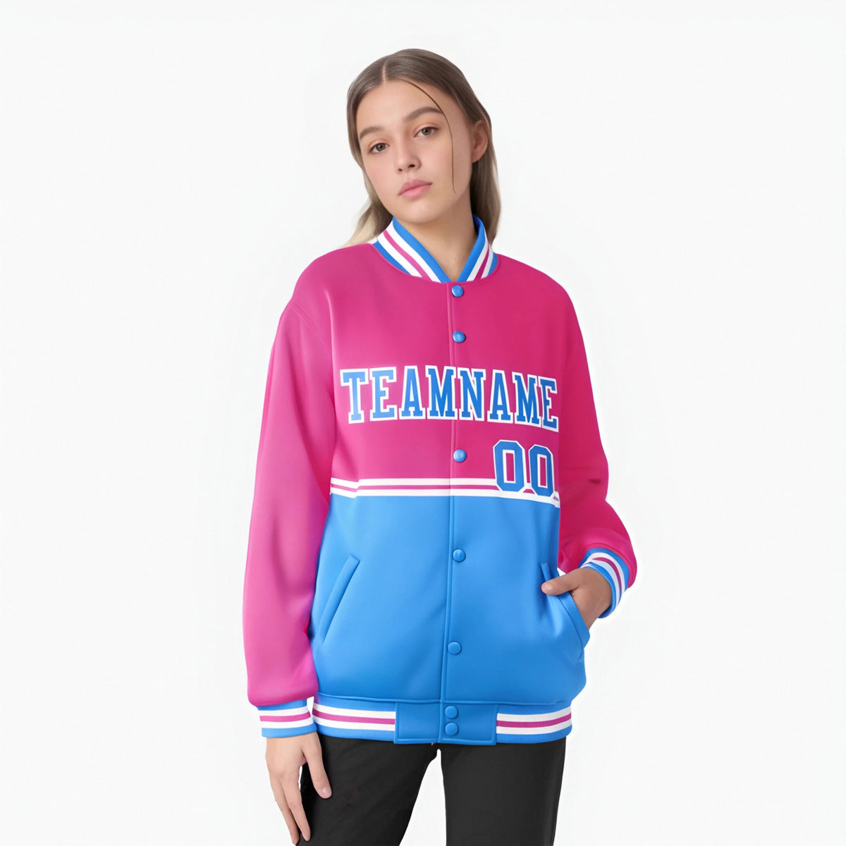 Custom Pink-Powder Blue-Pink Varsity Full-Snap Letterman Color-Matching Split Fashion Jacket