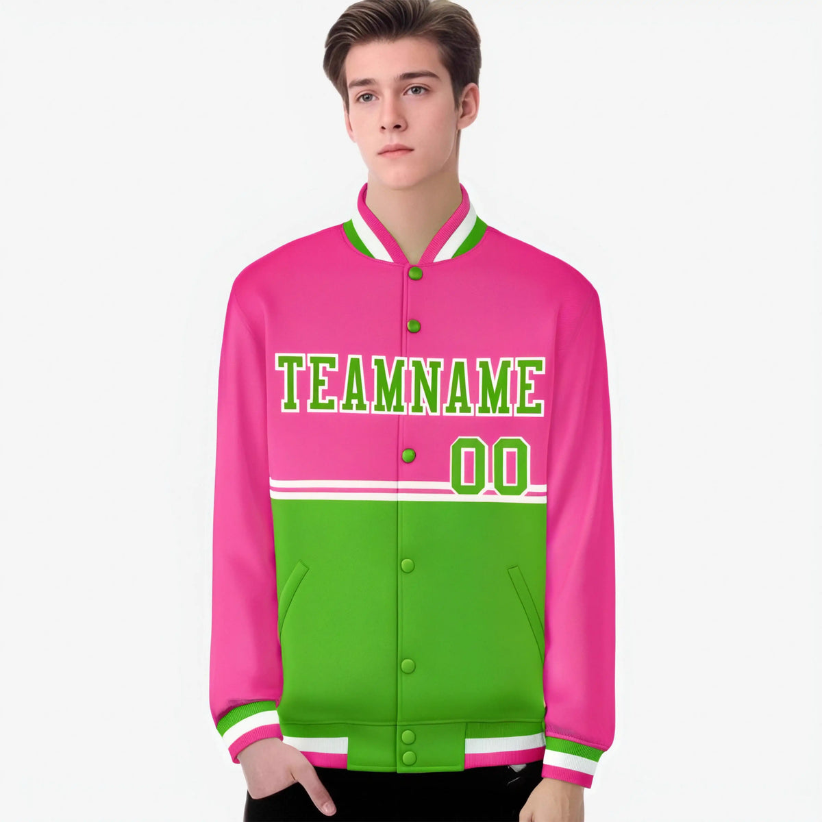 Custom Pink-Neon Green-Pink Varsity Full-Snap Letterman Color-Matching Split Fashion Jacket