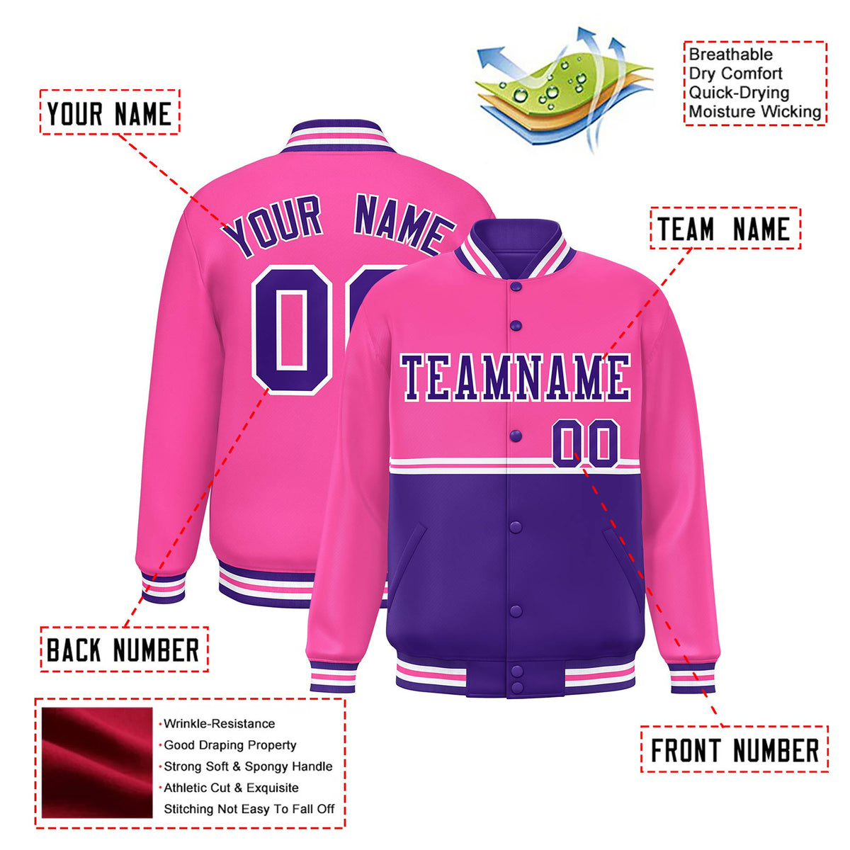 Custom Pink-Purple-Pink Varsity Full-Snap Letterman Color-Matching Split Fashion Jacket