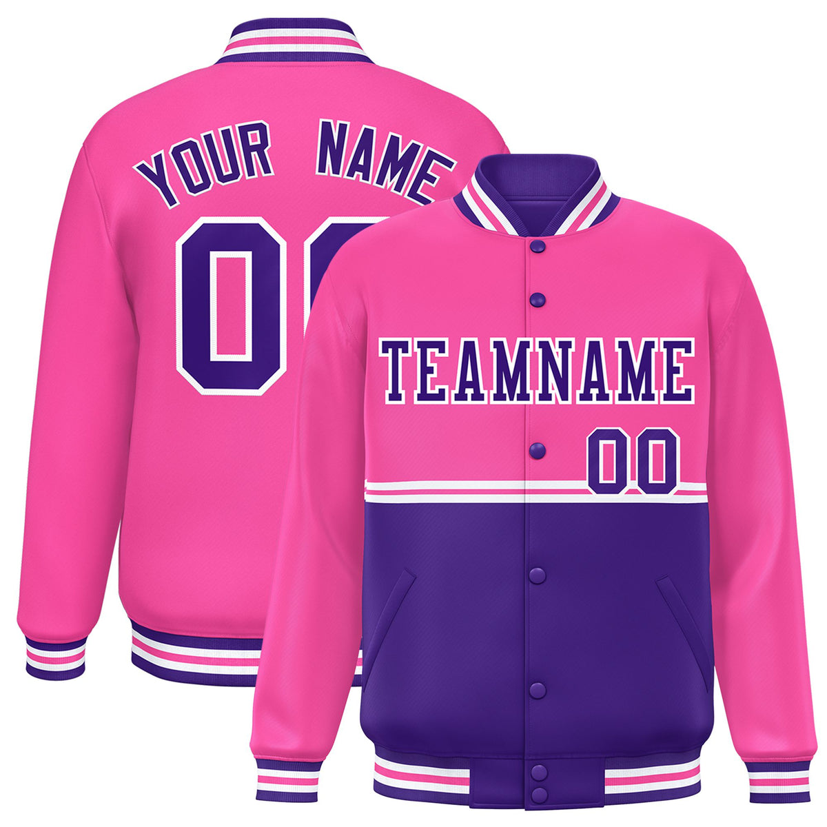 Custom Pink-Purple-Pink Varsity Full-Snap Letterman Color-Matching Split Fashion Jacket