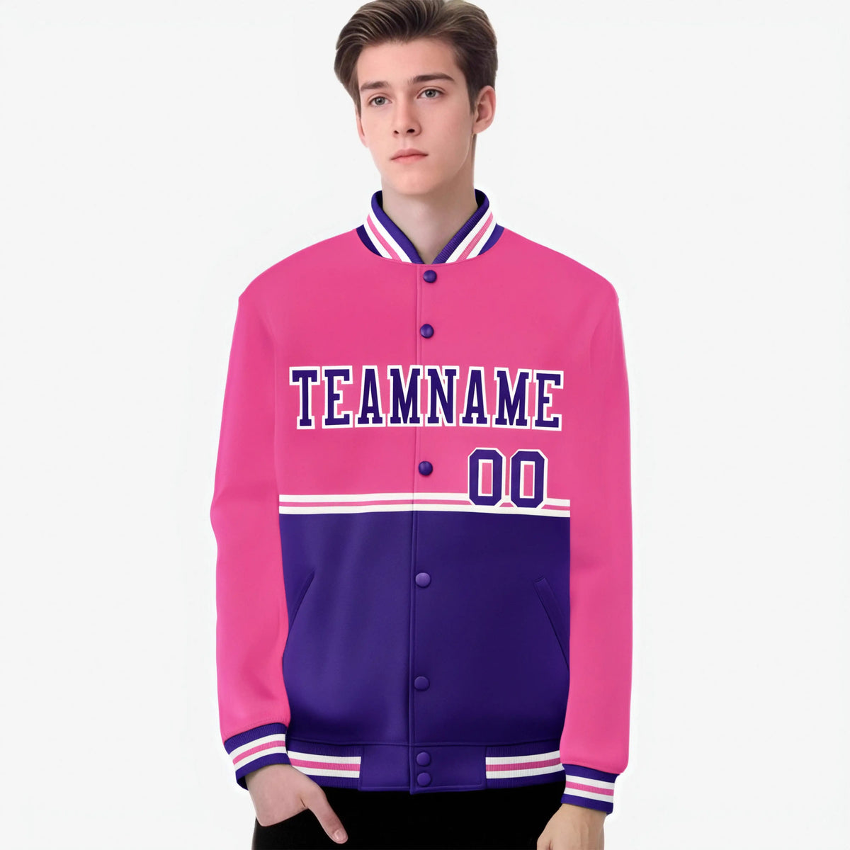Custom Pink-Purple-Pink Varsity Full-Snap Letterman Color-Matching Split Fashion Jacket