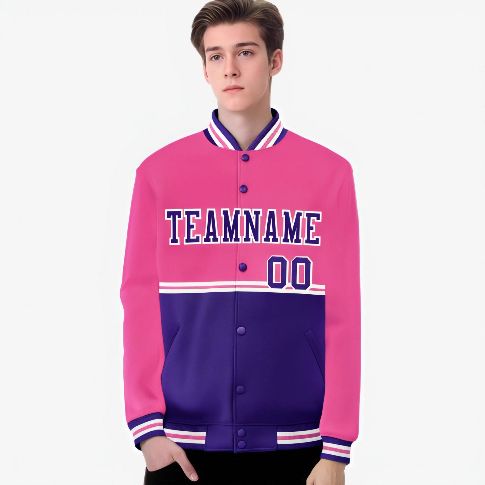 Custom Pink-Purple-Pink Varsity Full-Snap Letterman Color-Matching Split Fashion Jacket