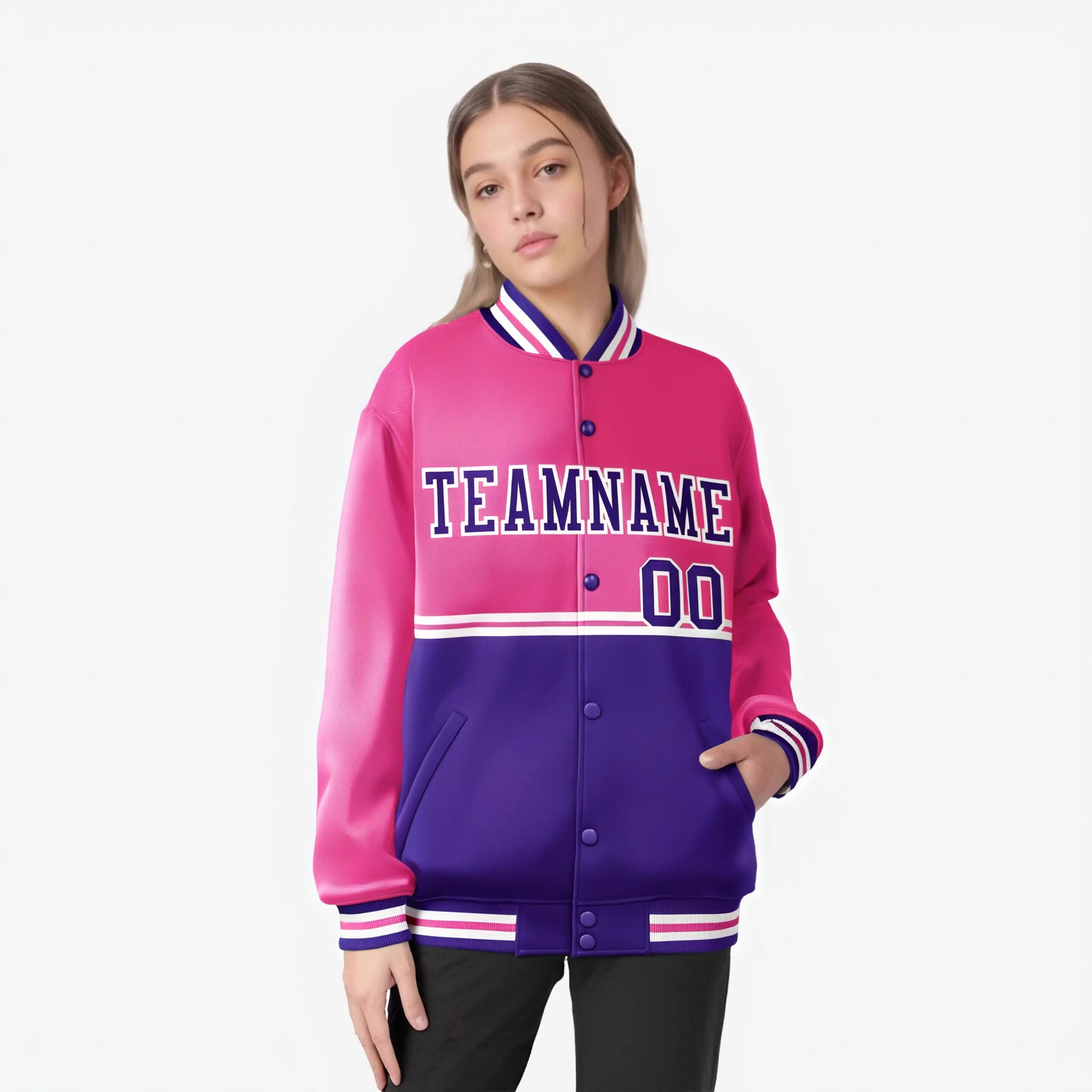 Custom Pink-Purple-Pink Varsity Full-Snap Letterman Color-Matching Split Fashion Jacket