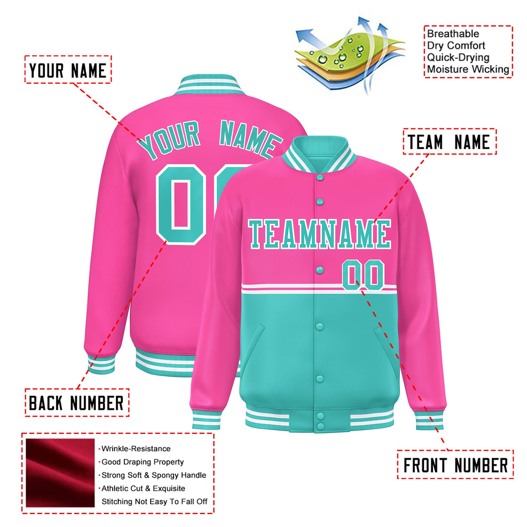 Custom Pink-Aqua-Pink Varsity Full-Snap Letterman Color-Matching Split Fashion Jacket