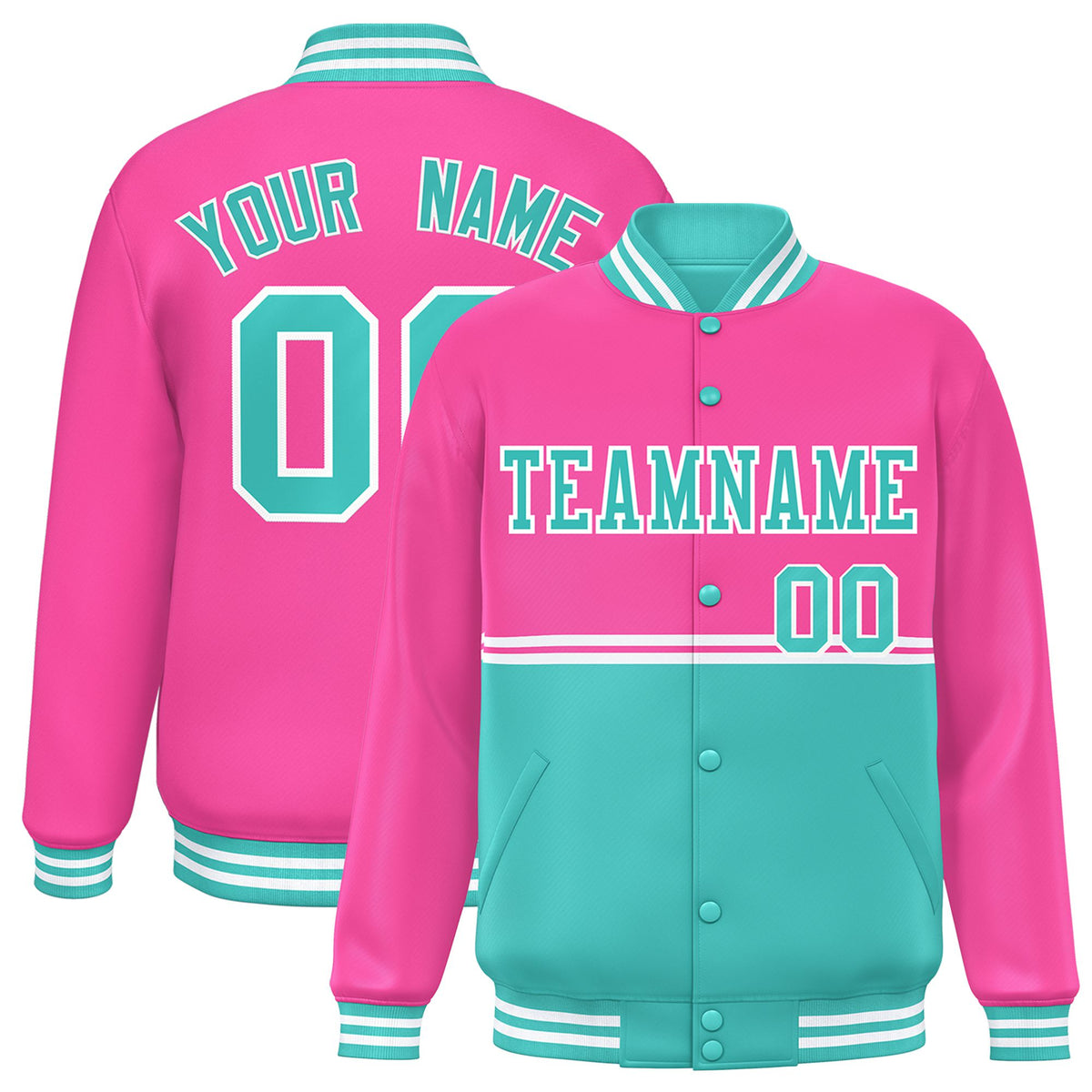 Custom Pink-Aqua-Pink Varsity Full-Snap Letterman Color-Matching Split Fashion Jacket