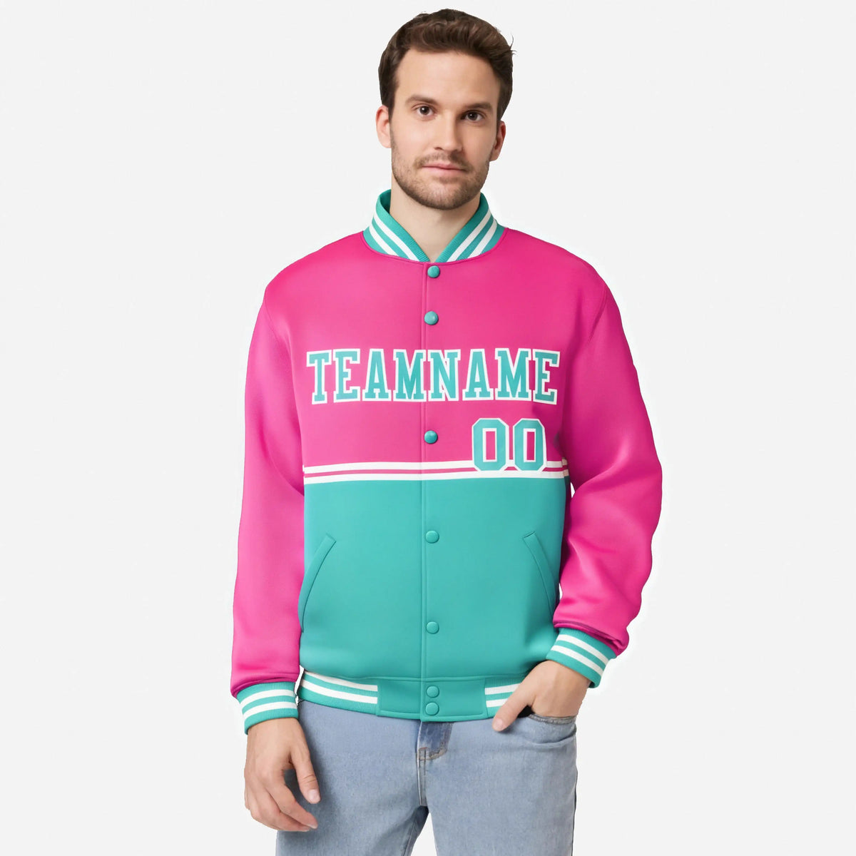 Custom Pink-Aqua-Pink Varsity Full-Snap Letterman Color-Matching Split Fashion Jacket
