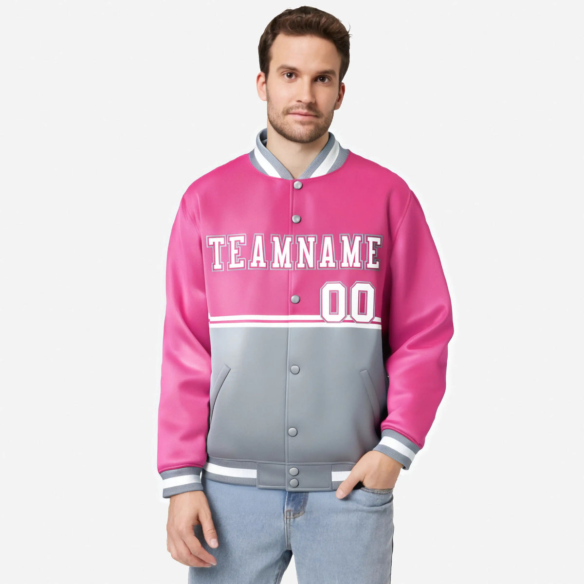 Custom Pink-Gray-Pink Varsity Full-Snap Letterman Color-Matching Split Fashion Jacket