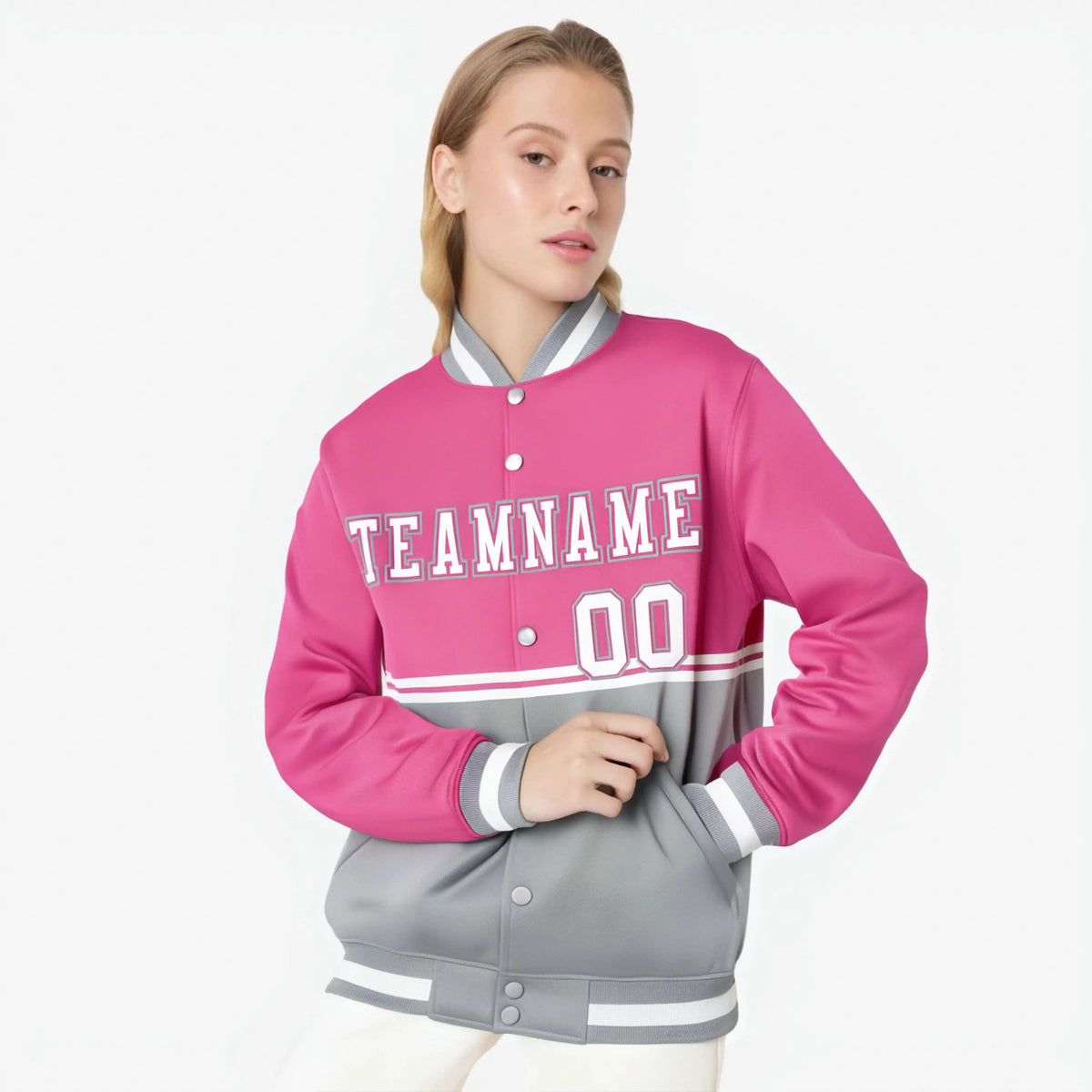 Custom Pink-Gray-Pink Varsity Full-Snap Letterman Color-Matching Split Fashion Jacket