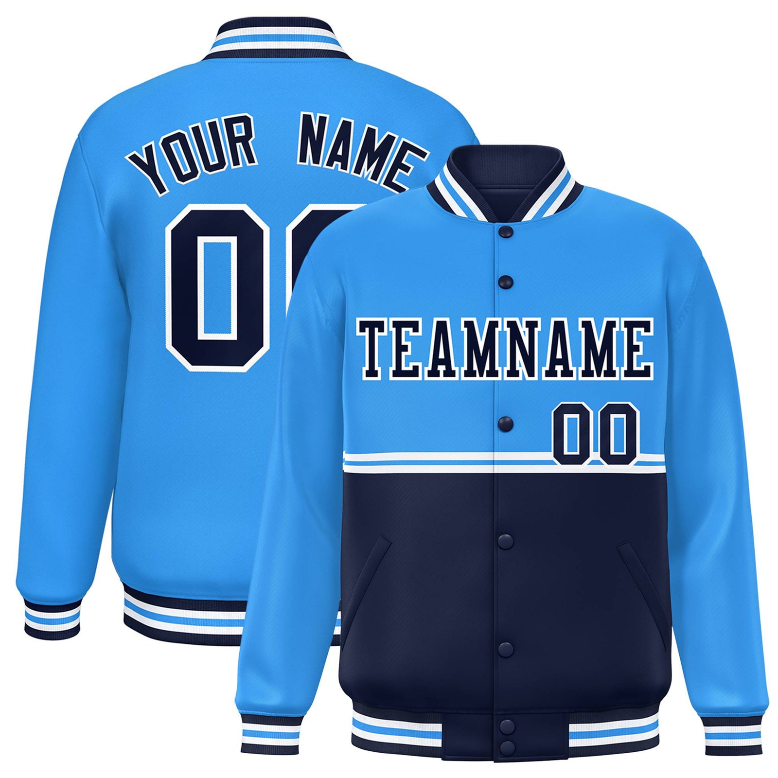 Custom Powder Blue-Navy-Powder Blue Varsity Full-Snap Letterman Color-Matching Split Fashion Jacket