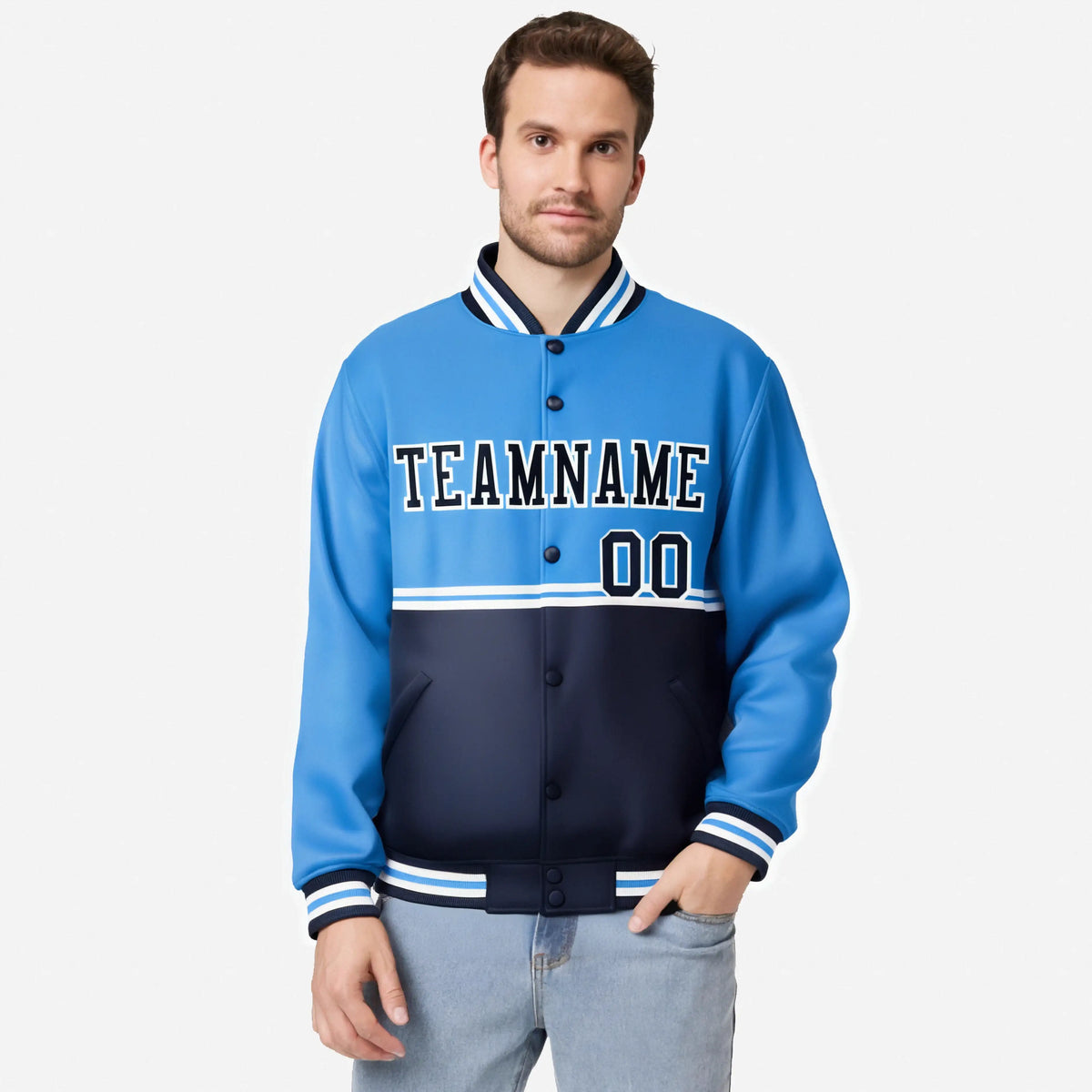 Custom Powder Blue-Navy-Powder Blue Varsity Full-Snap Letterman Color-Matching Split Fashion Jacket