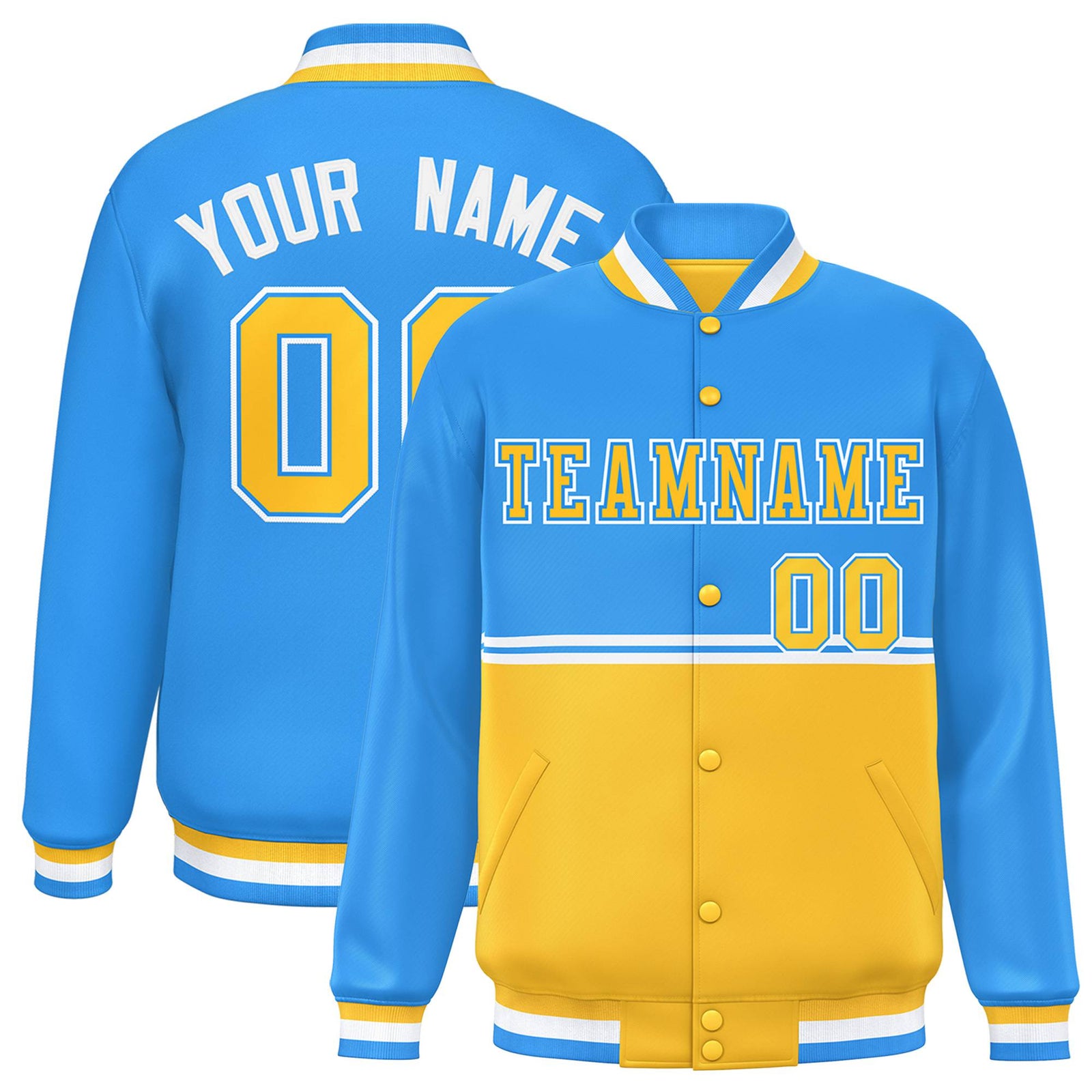 Custom Powder Blue-Gold-Powder Blue Varsity Full-Snap Letterman Color-Matching Split Fashion Jacket