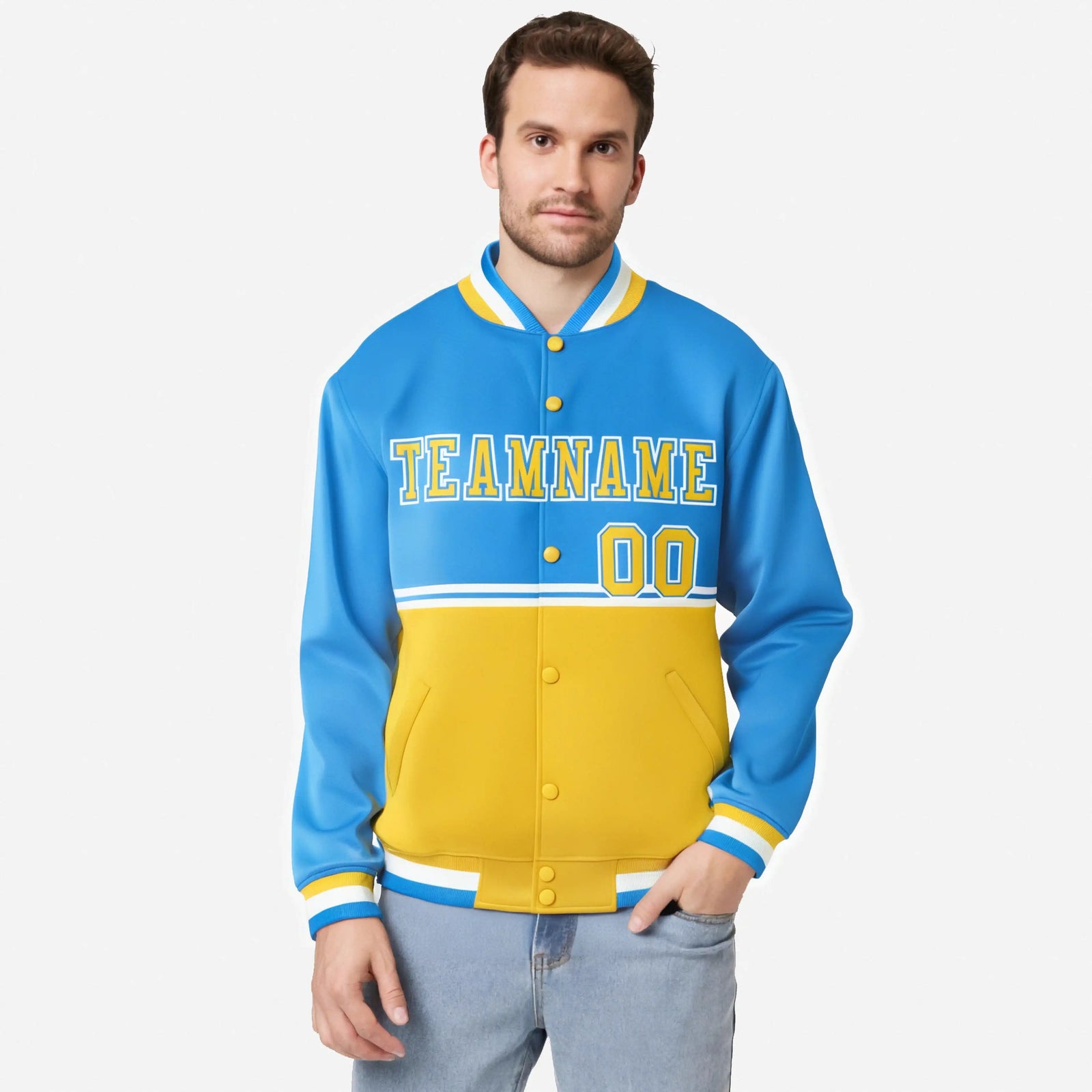 Custom Powder Blue-Gold-Powder Blue Varsity Full-Snap Letterman Color-Matching Split Fashion Jacket