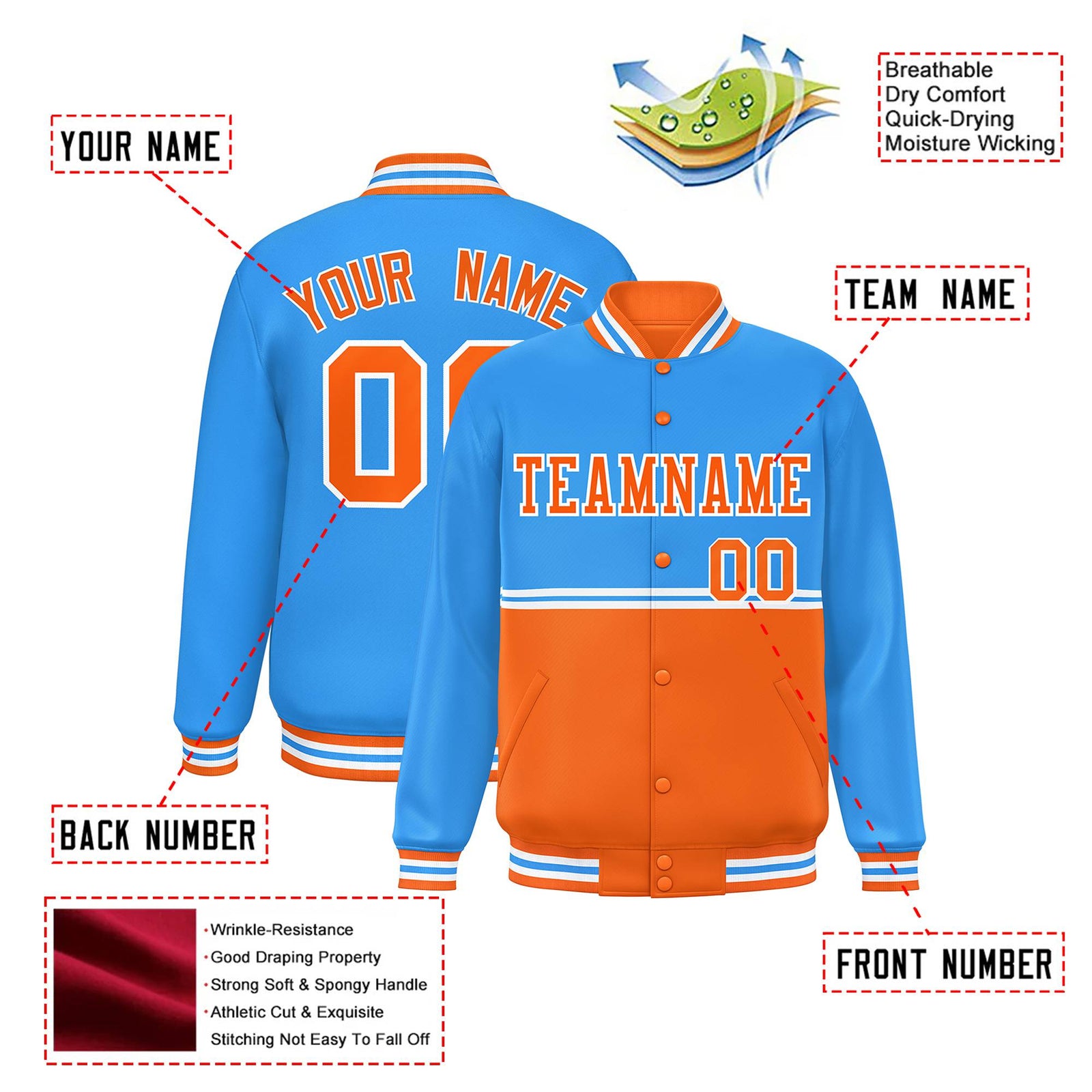 Custom Powder Blue-Orange-Powder Blue Varsity Full-Snap Letterman Color-Matching Split Fashion Jacket