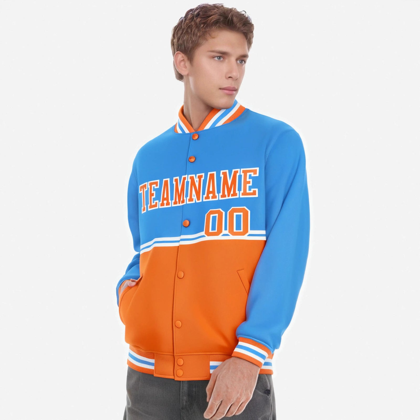 Custom Powder Blue-Orange-Powder Blue Varsity Full-Snap Letterman Color-Matching Split Fashion Jacket