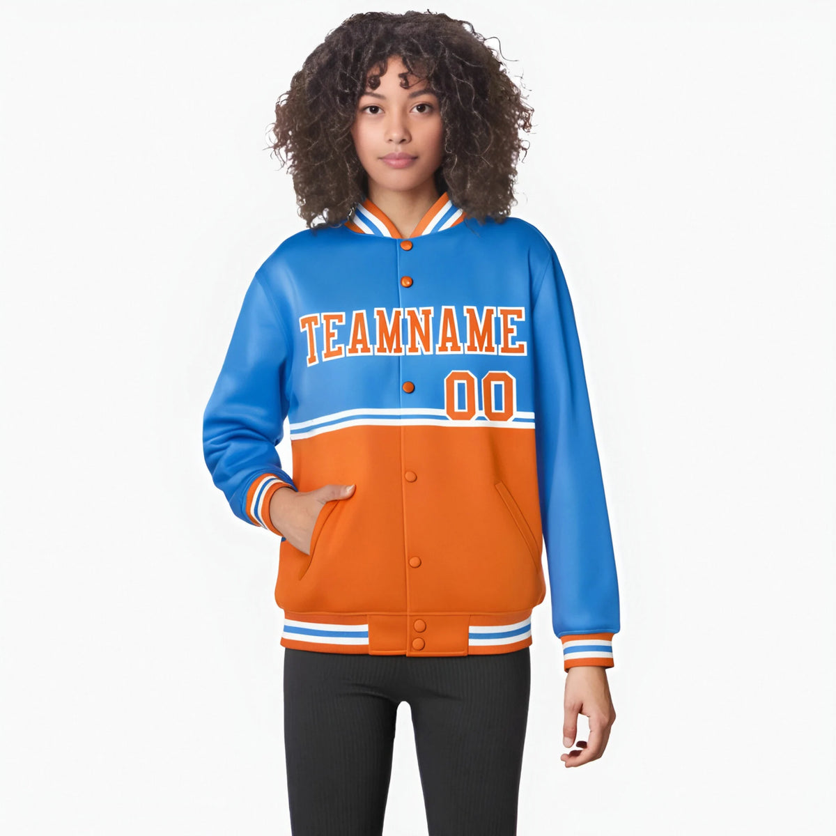 Custom Powder Blue-Orange-Powder Blue Varsity Full-Snap Letterman Color-Matching Split Fashion Jacket