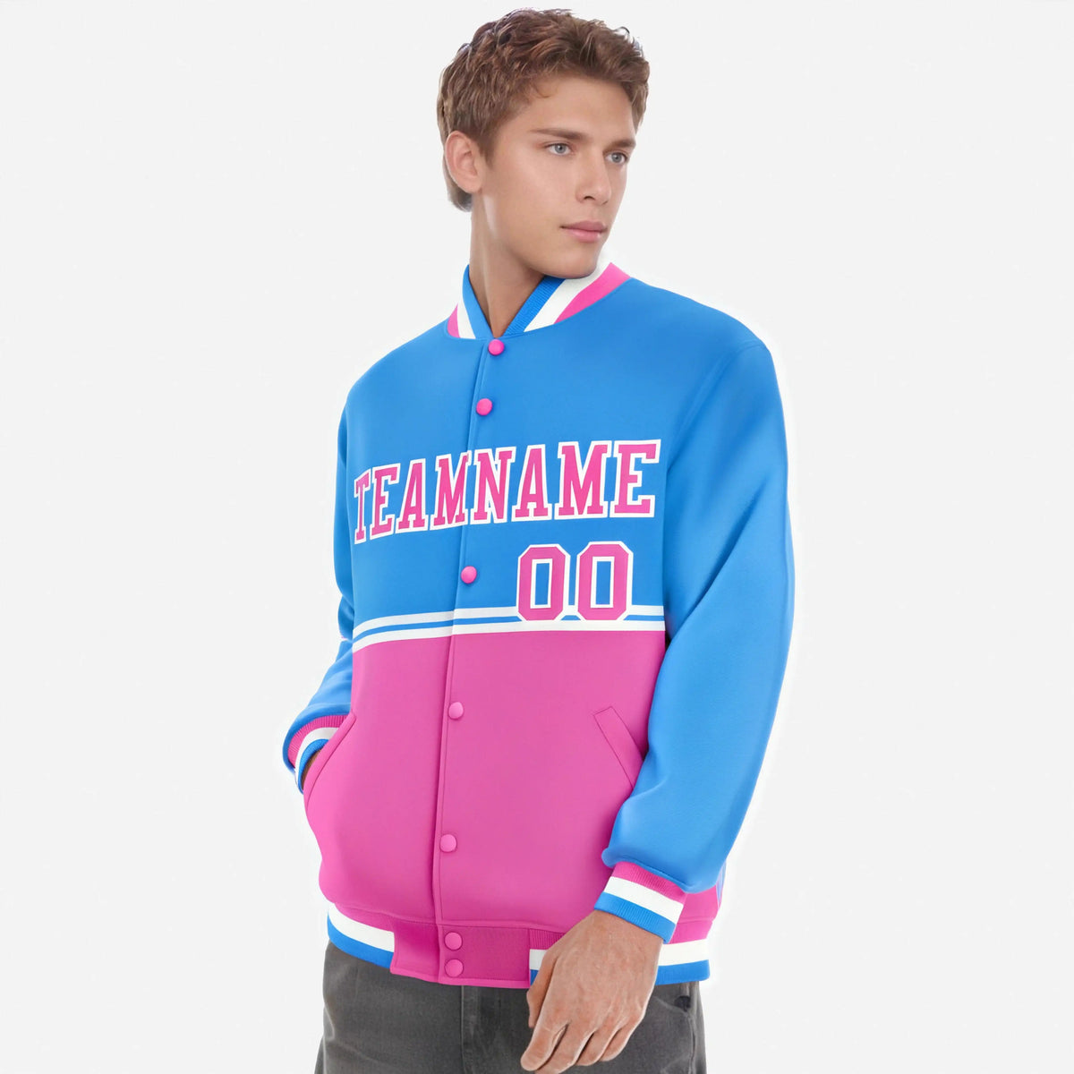 Custom Powder Blue-Pink-Powder Blue Varsity Full-Snap Letterman Color-Matching Split Fashion Jacket