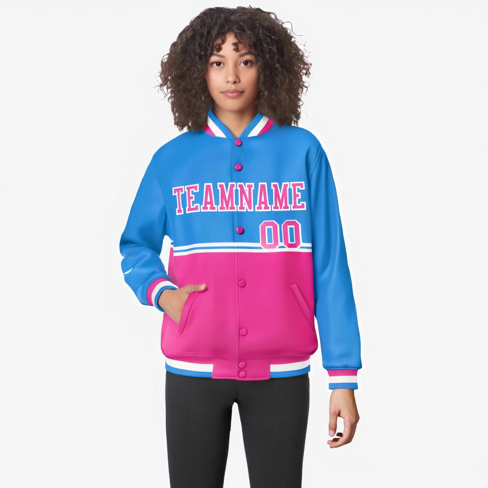 Custom Powder Blue-Pink-Powder Blue Varsity Full-Snap Letterman Color-Matching Split Fashion Jacket