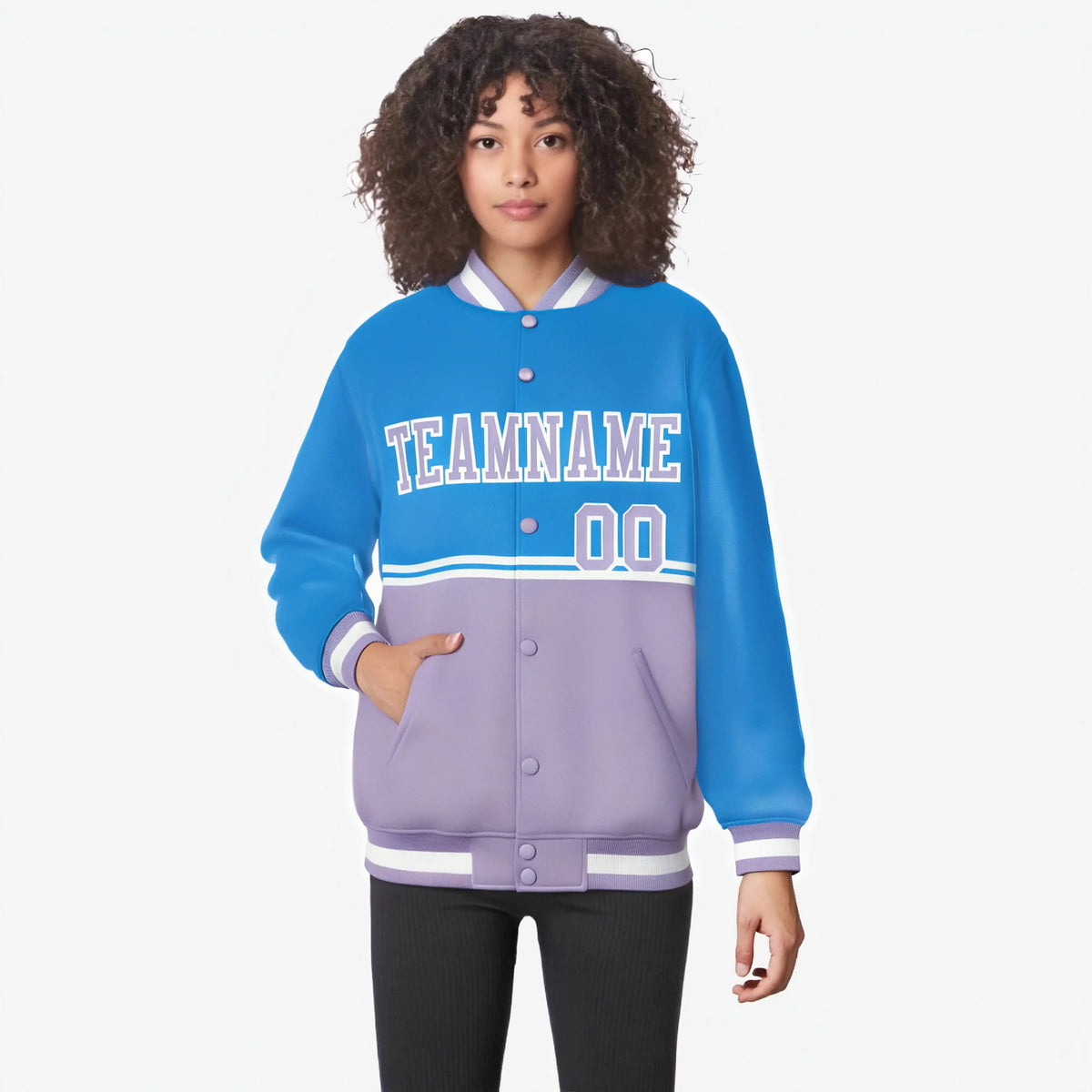 Custom Powder Blue-Light Purple-Powder Blue Varsity Full-Snap Letterman Color-Matching Split Fashion Jacket